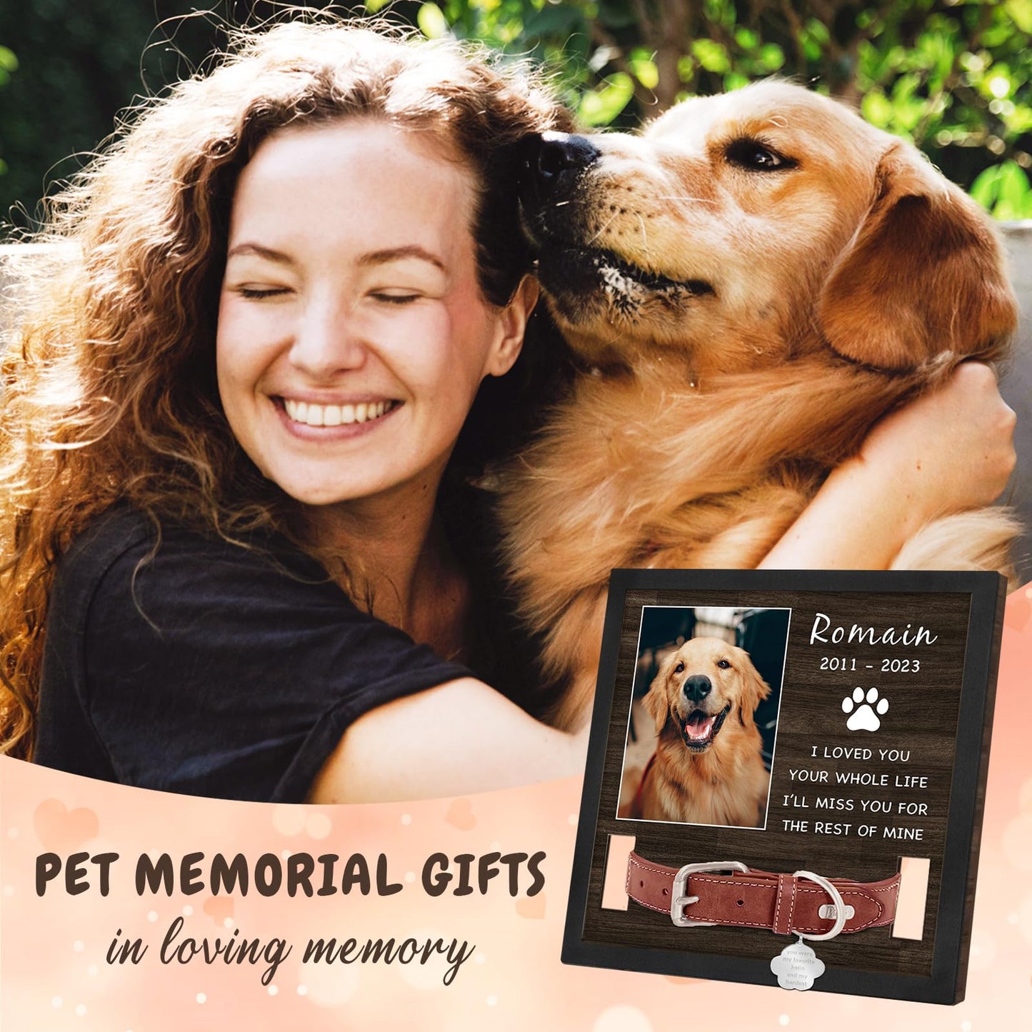 PUREFLY Personalized Pet Picture Frame Memorial Gifts for Loss of Dog- Fits 3 Collar Lengths, in Memory of Dog Passing Away Sympathy Gifts, Cat Memorial