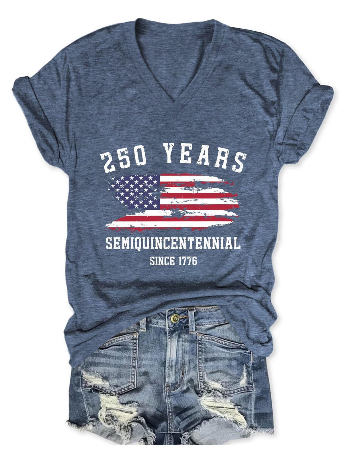 Semisun 250th Anniversary USA Shirt for Women 1776-2026 Patriotic American Flag V Neck T-Shirt July 4th Graphic Tee