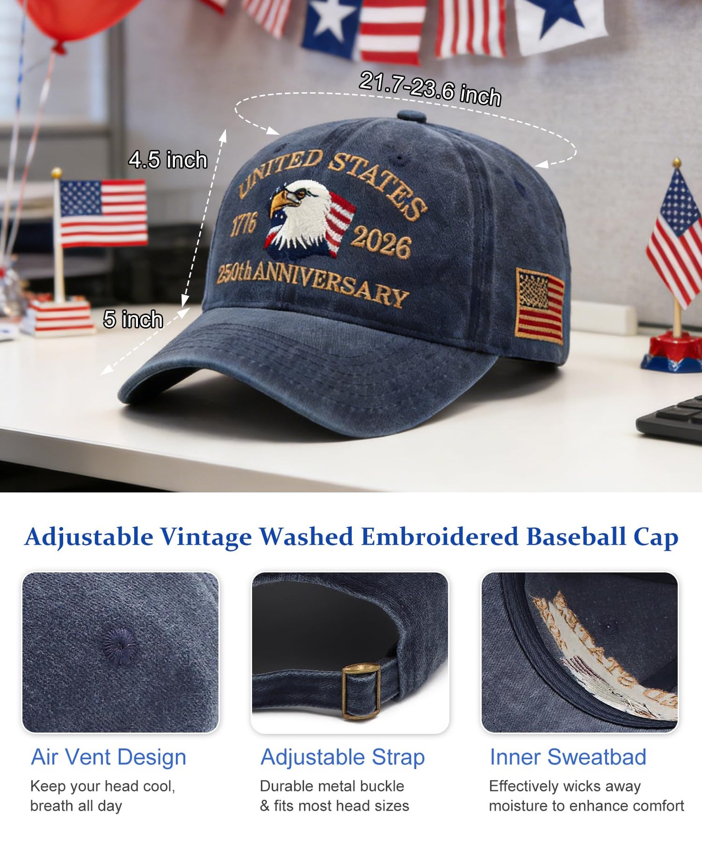 2 Pack USA 250th Anniversary Patriotic Embroidered Baseball Cap 1776-2026, American Eagles Hat-Adjustable Cap for Men&Women (US, Alpha, One Size, Navy Blue+Camouflage)