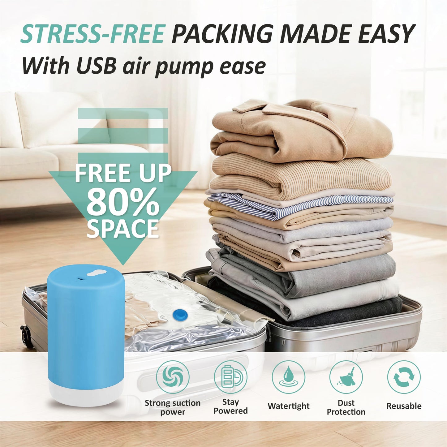 Cozy Essential Travel Vacuum Storage Bags with Rechargeable Cordless USB Pump, Space Saver Bags for Luggage, Suitcase, Carry-On, for Clothes, Blankets, Bedding & Seasonal Storage,8 Combo