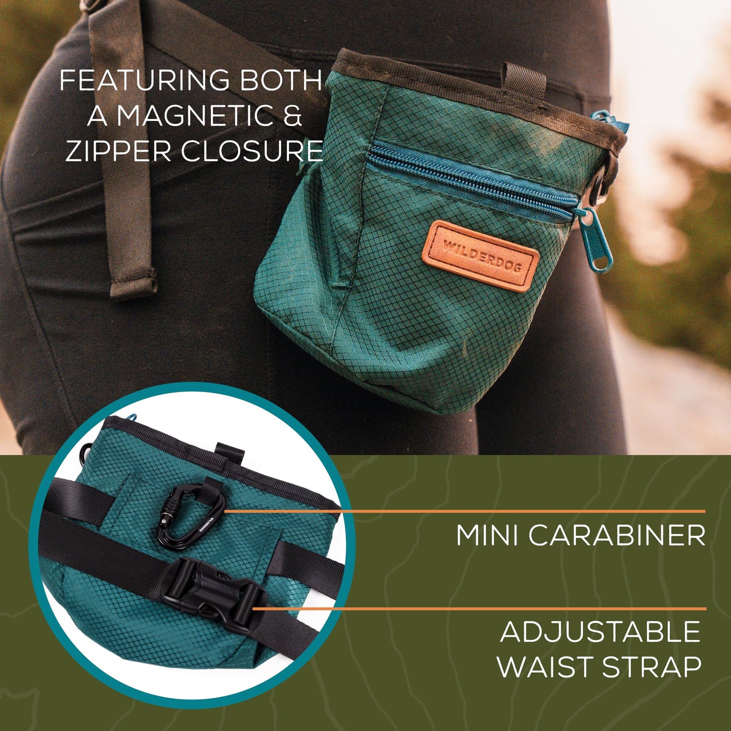 Wilderdog Dog Training Treat Pouch with Magnetic and Zipper Closure, Carabiner Attached, Adjustable Waist Strap - Green