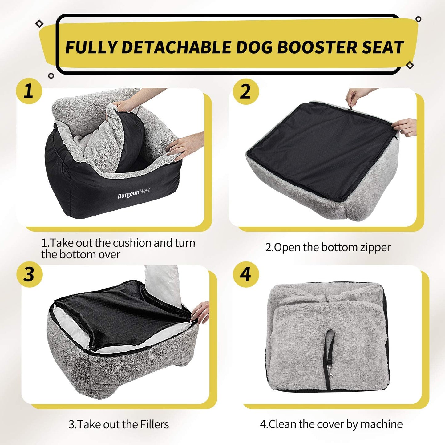 BurgeonNest Dog Car Seat for Small Dogs, Fully Detachable and Washable Cat Carseats Under 25 lbs, Soft Pet Booster Seats with Storage Pockets and Clip-On Leash Portable Car Travel Carrier Bed, Black