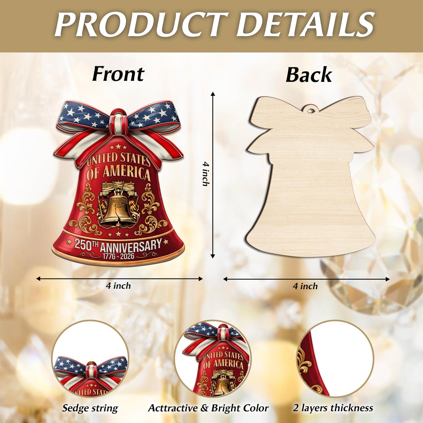 250th Anniversary United States of America Ornament (1776–2026) – Patriotic Wooden Christmas Decoration, Independence Day Keepsake, USA Liberty Bell Hanging Ornament