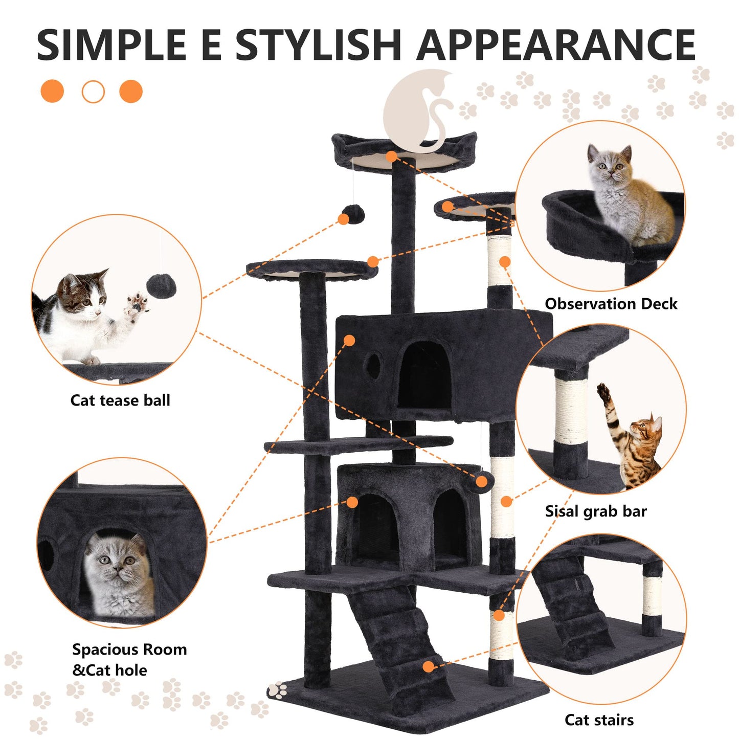 BestPet 54in Cat Tree Tower for Indoor Cats,Multi-Level Furniture Activity Center with Scratching Posts Stand House Condo Funny Toys Kittens Pet Play House,Dark Gray