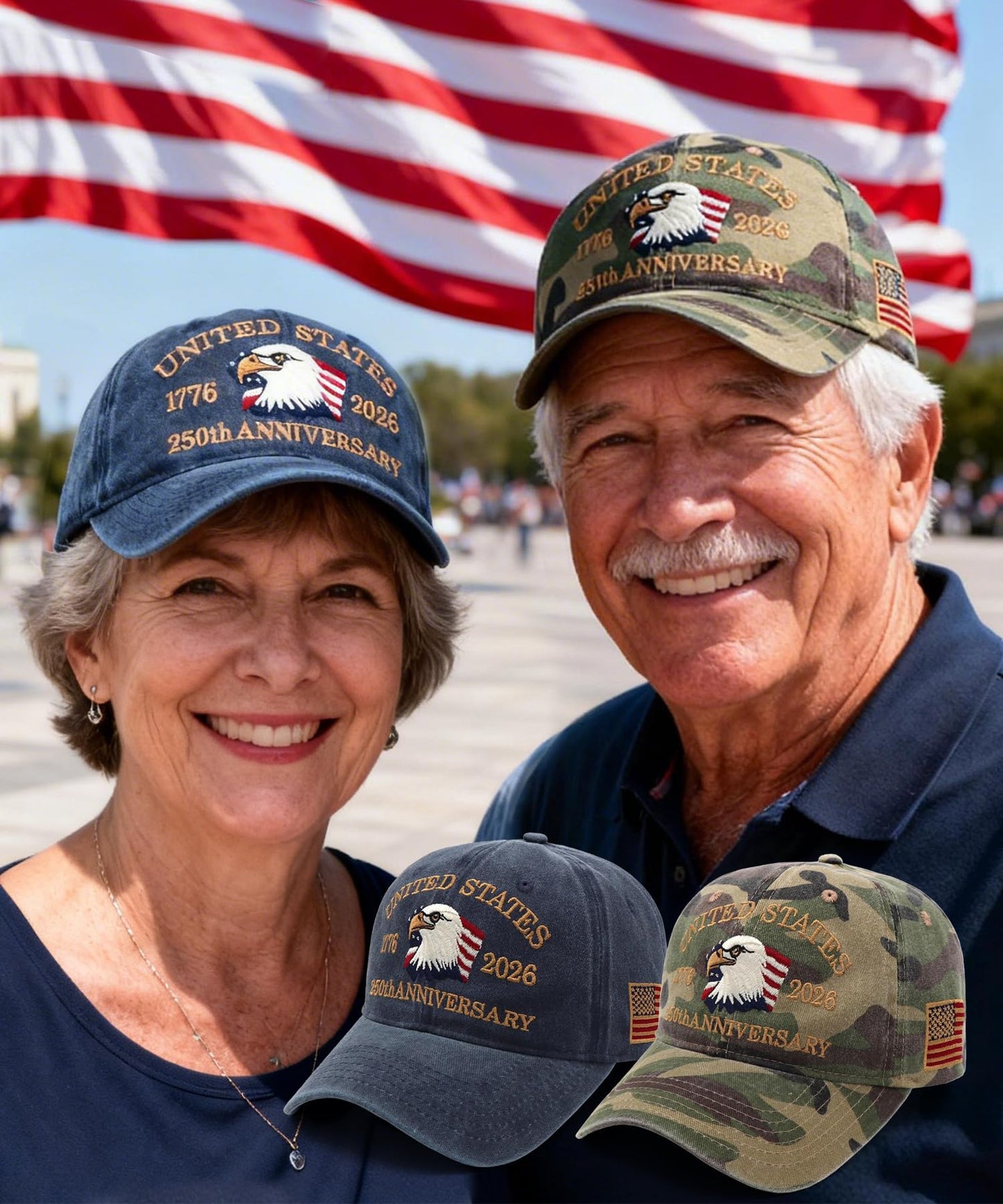 2 Pack USA 250th Anniversary Patriotic Embroidered Baseball Cap 1776-2026, American Eagles Hat-Adjustable Cap for Men&Women (US, Alpha, One Size, Navy Blue+Camouflage)