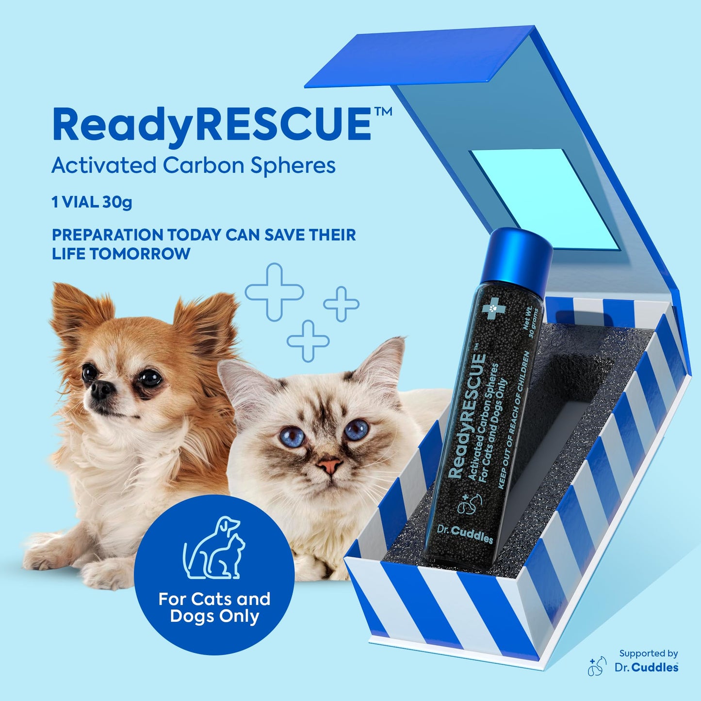 Dr. Cuddles ReadyRESCUE Activated Charcoal microspheres for Dogs and Cats - Veterinary-Grade Pet First Aid Kit Essential - Fast Acting Emergency Poison Binder - Safe and Travel Ready - 30 g Pack of 1