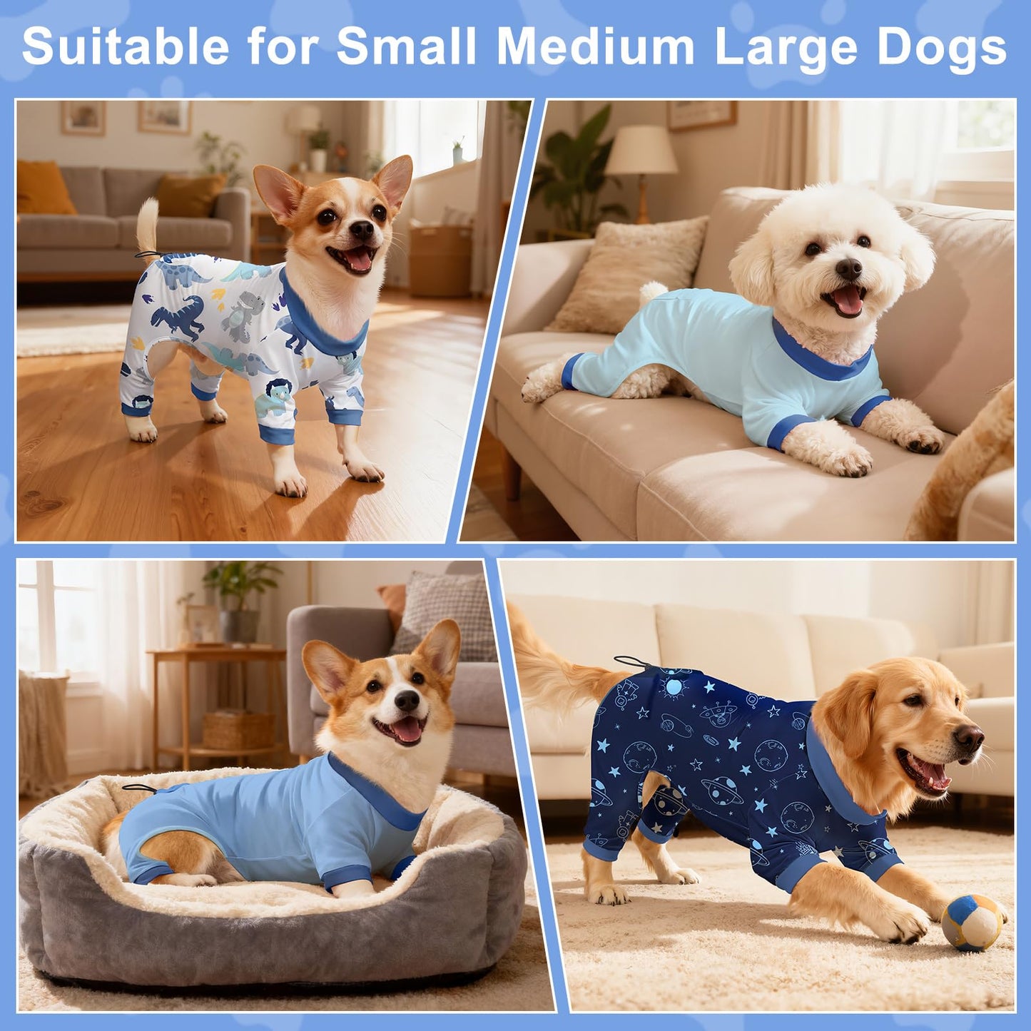 Bienbee Dog Pajamas, 4 Pack Dog Recovery Suit Shedding Suit Cute Soft Puppy Clothes Dogs Pjs Onesies Jammies Adjustable Breathable & Stretchy Clothes for Small Medium Large Dogs Girl Boy Puppy-M