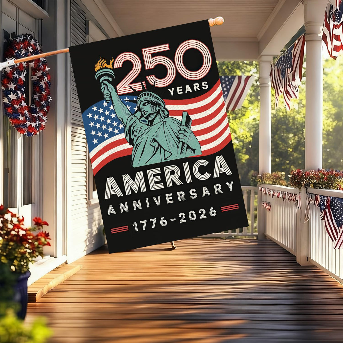 Baccessor 250th Anniversary America Freedom House Flag 28x40 Inch Double Sided 250th Anniversary 1776-2026 Banner USA Patriotic Statue of Liberty Design Commemorative Outdoor Outside Decoration