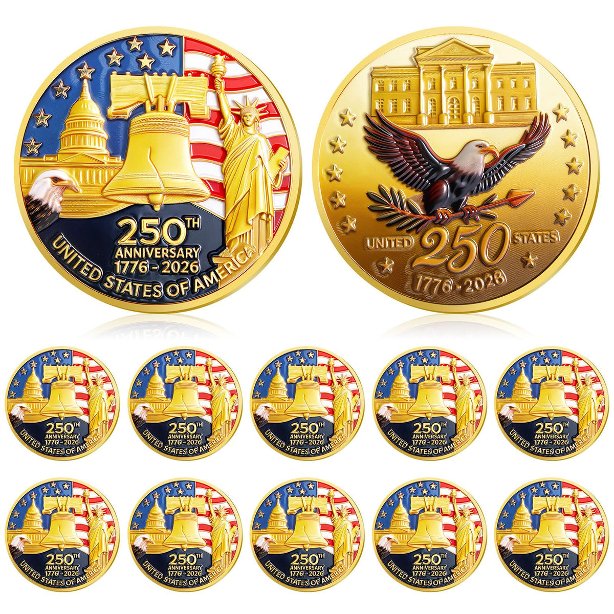 Highergo 250th Anniversary Commemorative Coins USA Eagle and Patriotic Symbols Collectible 250 Year Merchandise for Celebration Display Collectors Challenge Coin Gift(10 Pcs,Style 1)