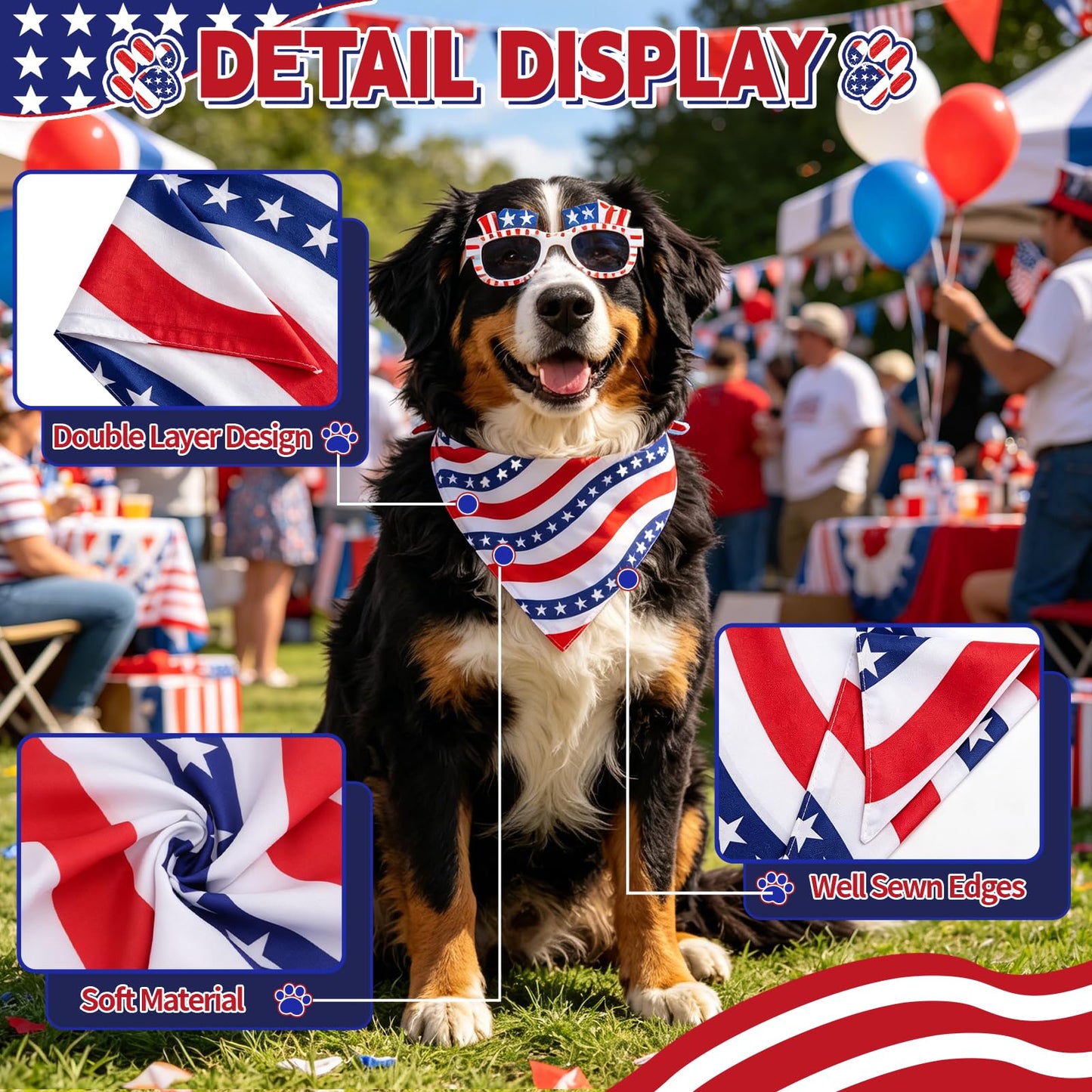 2Pcs 250th Anniversary American Dog Bandanas, Dual-Layer 4th of July Pet Patriotic Reversible Scarf, Independence Memorial Day USA Outfit Bandana for Large and Extra Large Dogs (Large)