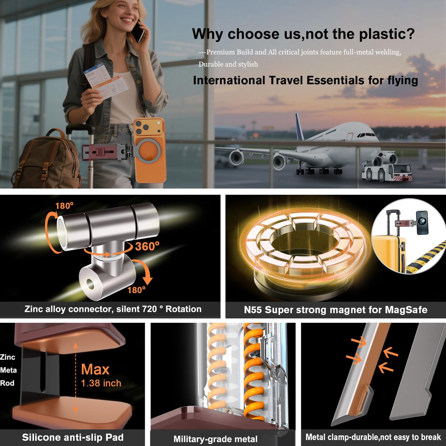 for MagSafe Airplane Phone Holder Mount Travel Essentials for Plane,N55*40 Pro Magnetic Phone Stand for Desk,360° Swivel Airplane Gadgets Cruise Must Haves Mother's Day Travel Gifts for Women Men Red