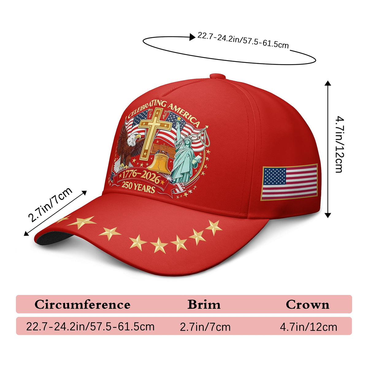 250 Anniversary USA Hat Eagle & Liberty & Cross 1776-2026 United States 250th Hats Patriotic Patterned Baseball Cap for Men Women Red