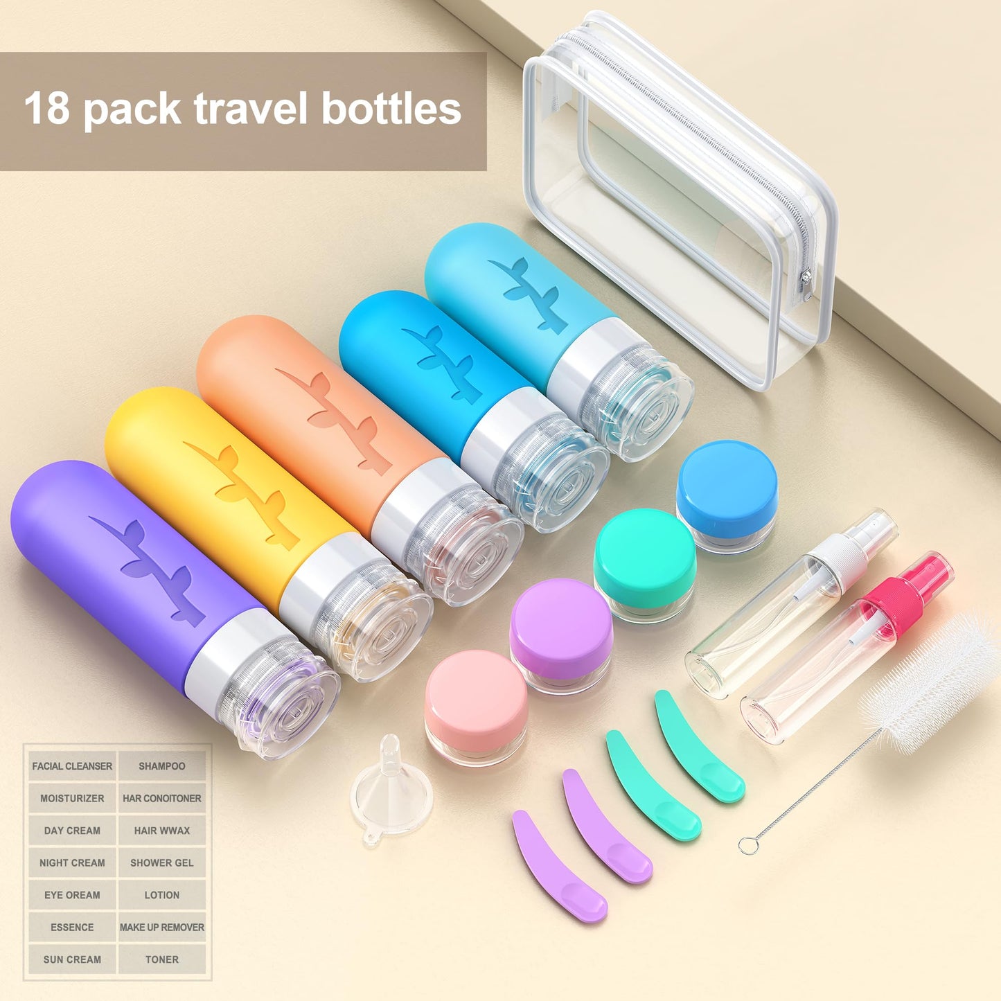 Aeomni 19pack Travel Bottles for Toiletries, TSA Approved Silicone Size Containers for toiletries, Refillable & Leakproof Travel shampoo and conditioner bottles