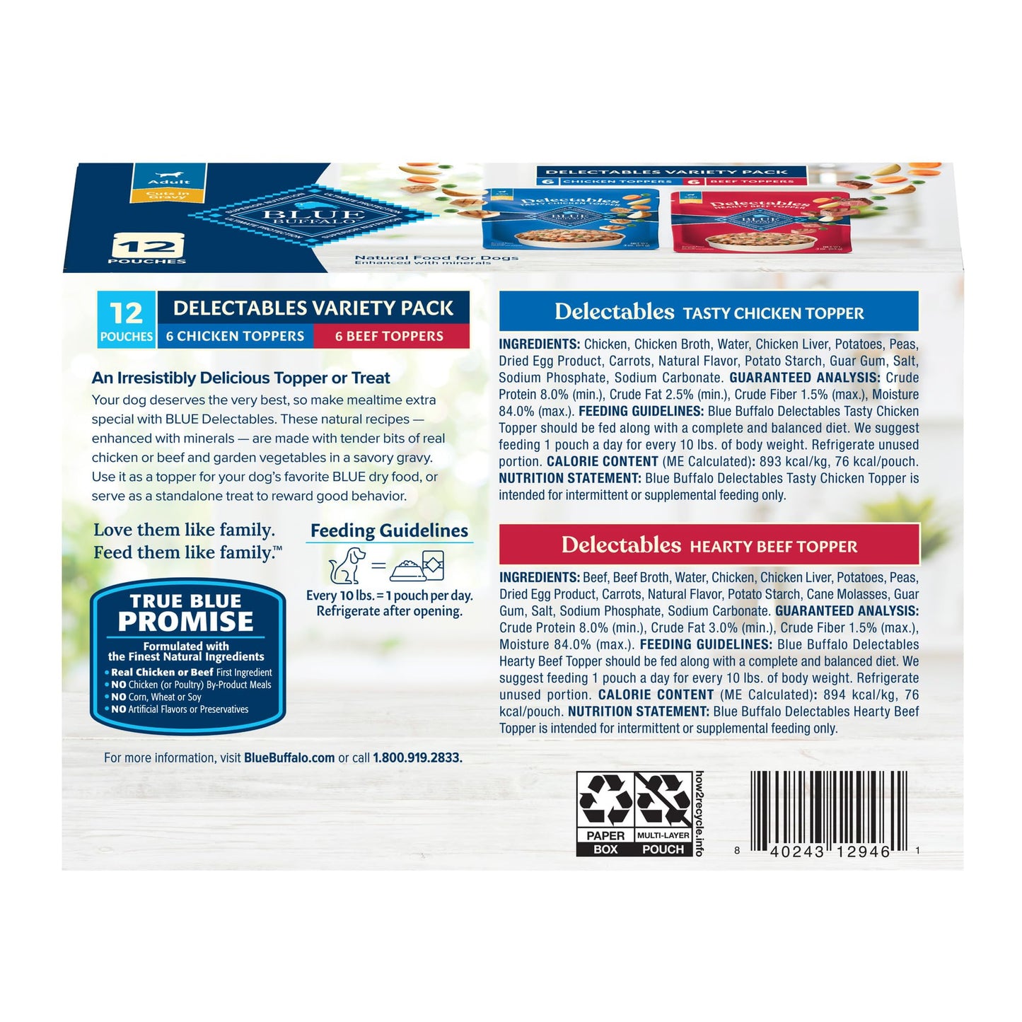 Blue Buffalo Delectables Natural Wet Dog Food Toppers Variety Pack, Tasty Chicken & Hearty Beef, Cuts in Gravy, 3-oz. (12 Pouches, 6 of Each Flavor)