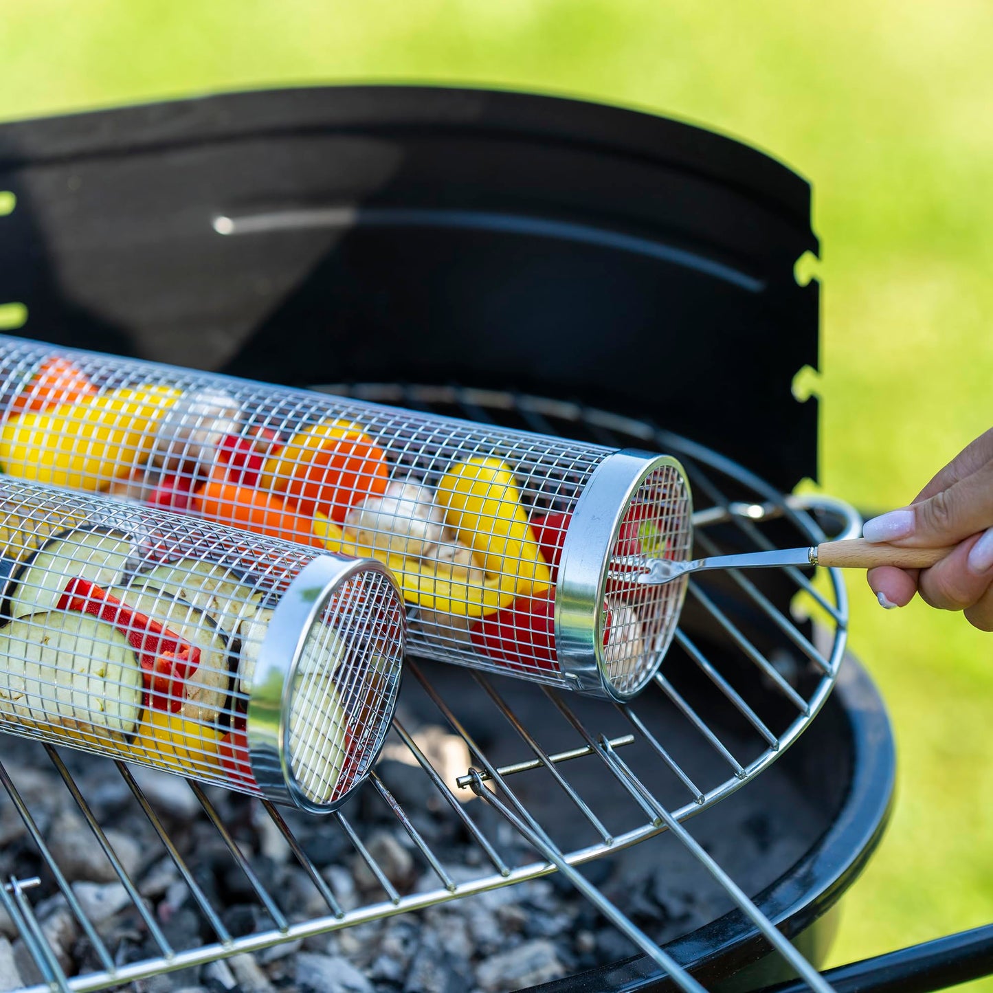 Modaura 2PCS Rolling Grill Baskets for Outdoor Grill, Big Green Egg Accessories-Set Includes Fork, Hook, and Oil Brush-304g Stainless Steel-Perfect Gifts for Dad, Camping Must Haves, Unique Gifts
