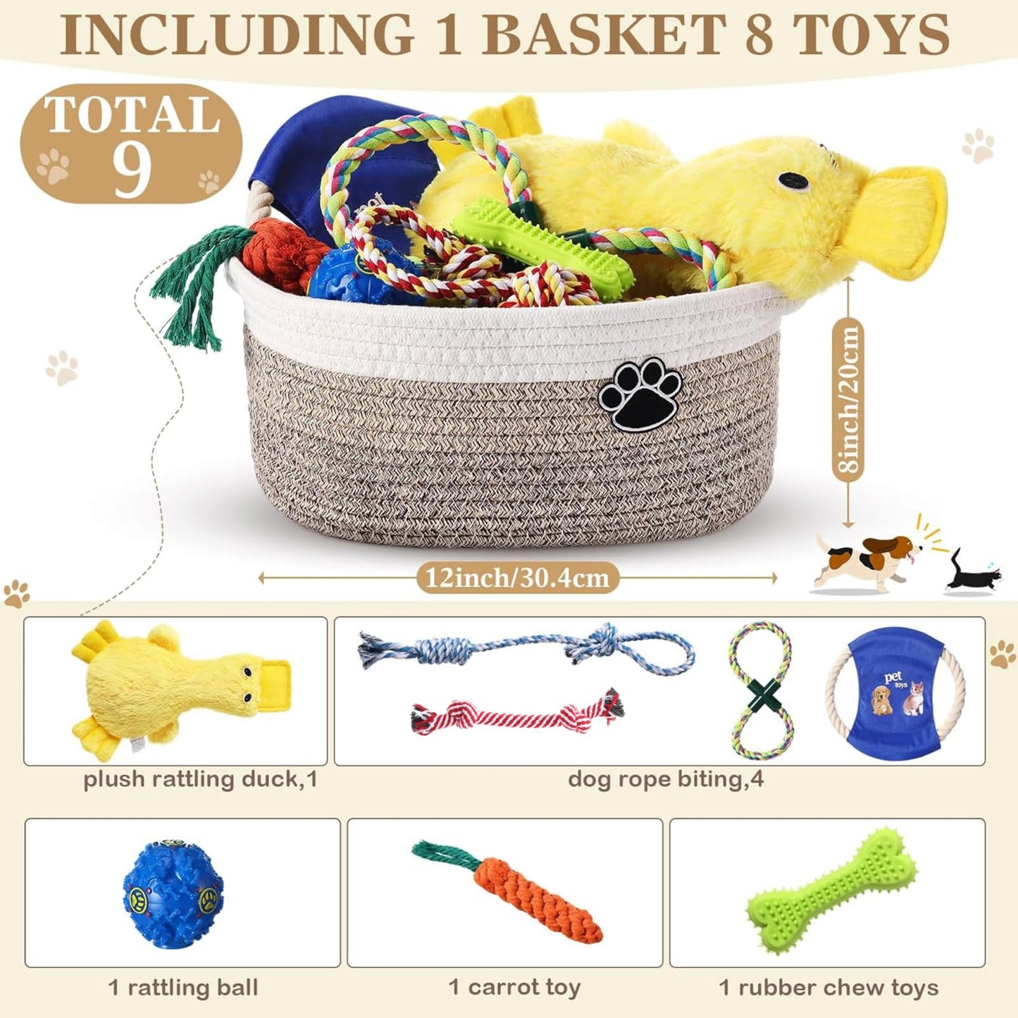 Zopeal Puppy Dog Toy Gift Storage Basket with Dog Toys Set Chew Toys Birthday Gift Basket Teething Interactive Squeaky Duck for Teething Small Medium Large Dogs(Khaki)