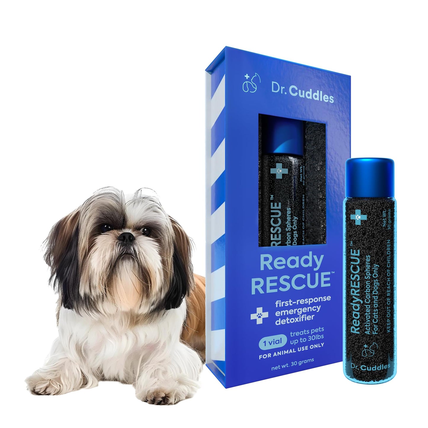 Dr. Cuddles ReadyRESCUE Activated Charcoal microspheres for Dogs and Cats - Veterinary-Grade Pet First Aid Kit Essential - Fast Acting Emergency Poison Binder - Safe and Travel Ready - 30 g Pack of 1
