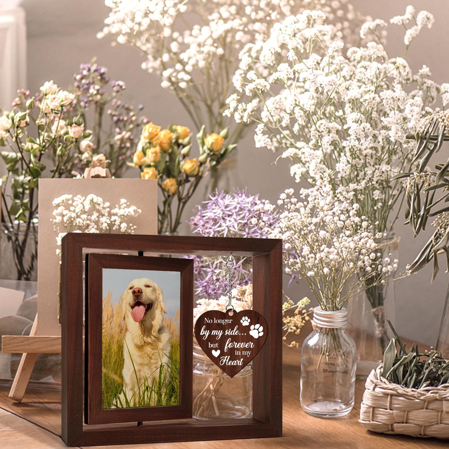 Vetbuosa Dog in Heaven Memorial Picture Frame,Loss of Dog Sympathy Gift, Dog Memorial Gifts for Loss of Dog, Dog remembrance Gift,Rotating Wooden Dog Picture Frame 4x6 Photo