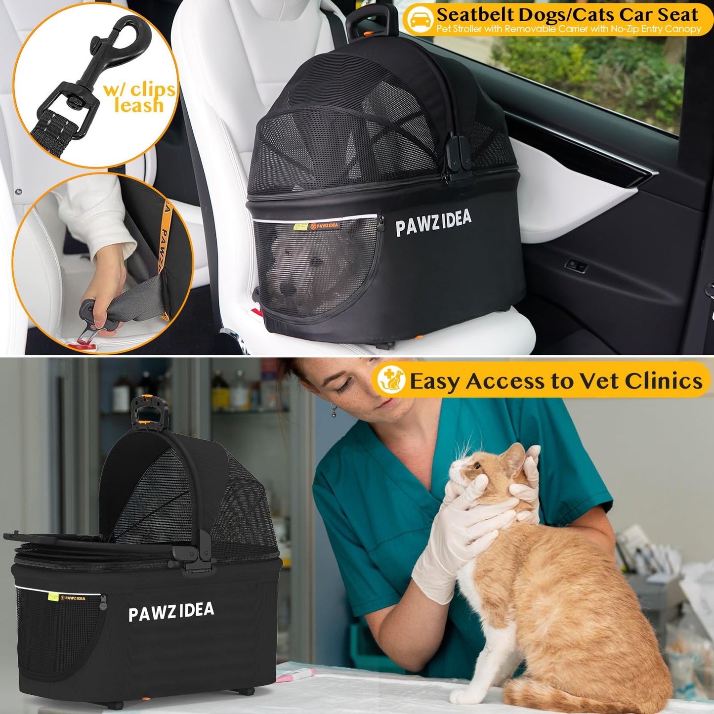 PAWZIDEA Double Pet Stroller with 2 Detachable Carriers, TSA Airline Approved Cat Carrier Expandable, Seatbelt Pet Travel Car Seat, Foldable Dog Cart Jogger Stroller for 2 Cats & Small/Medium Dogs