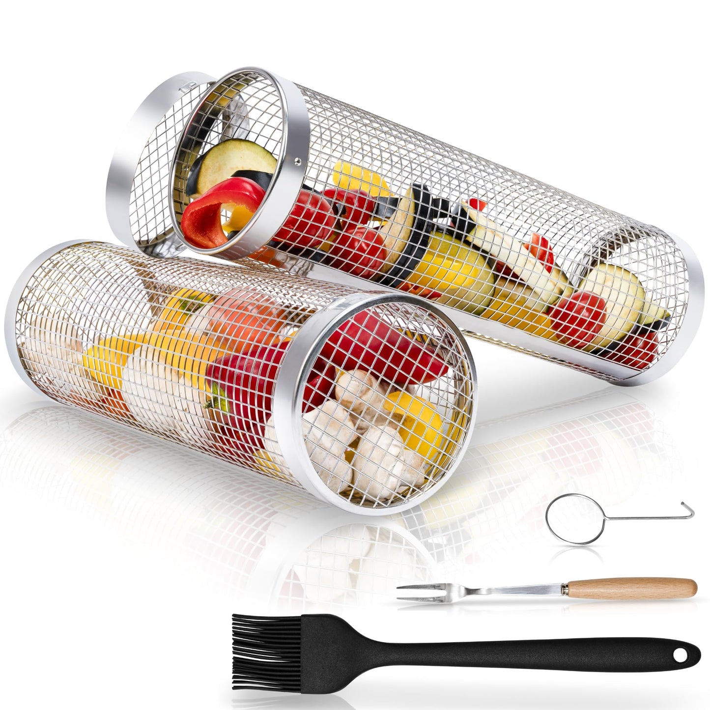 Modaura 2PCS Rolling Grill Baskets for Outdoor Grill, Big Green Egg Accessories-Set Includes Fork, Hook, and Oil Brush-304g Stainless Steel-Perfect Gifts for Dad, Camping Must Haves, Unique Gifts