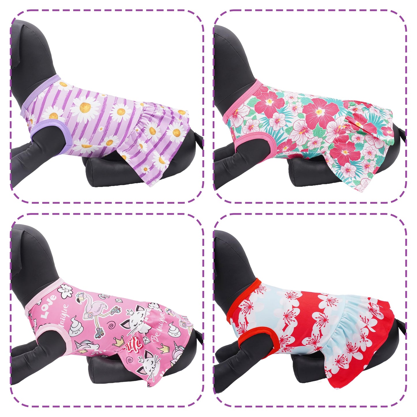 JpGdn 4PCS Dog Dresses Shirts for Small Dogs Girl Female Pink Purple Red Puppies Doggies Kittens Skirts Summer Clothes Pet Apparel Floral Sundress Small Daisy Unicorn Stretchable Outfit S