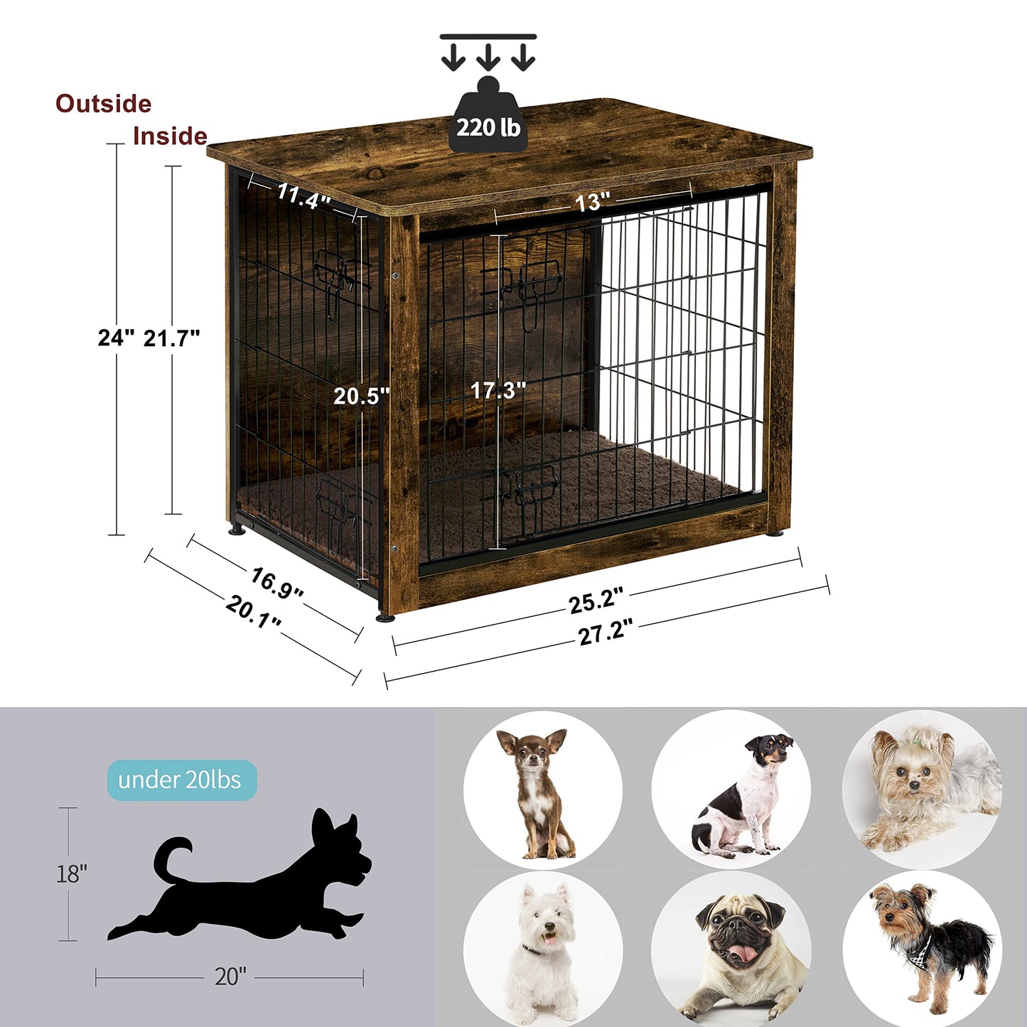 DWANTON Dog Crate Furniture with Cushion, Wooden Kennel Table with Double Doors, Indoor Dog House, Small/Medium/Large/Extra Large Size, 27.2" L, Rustic Brown