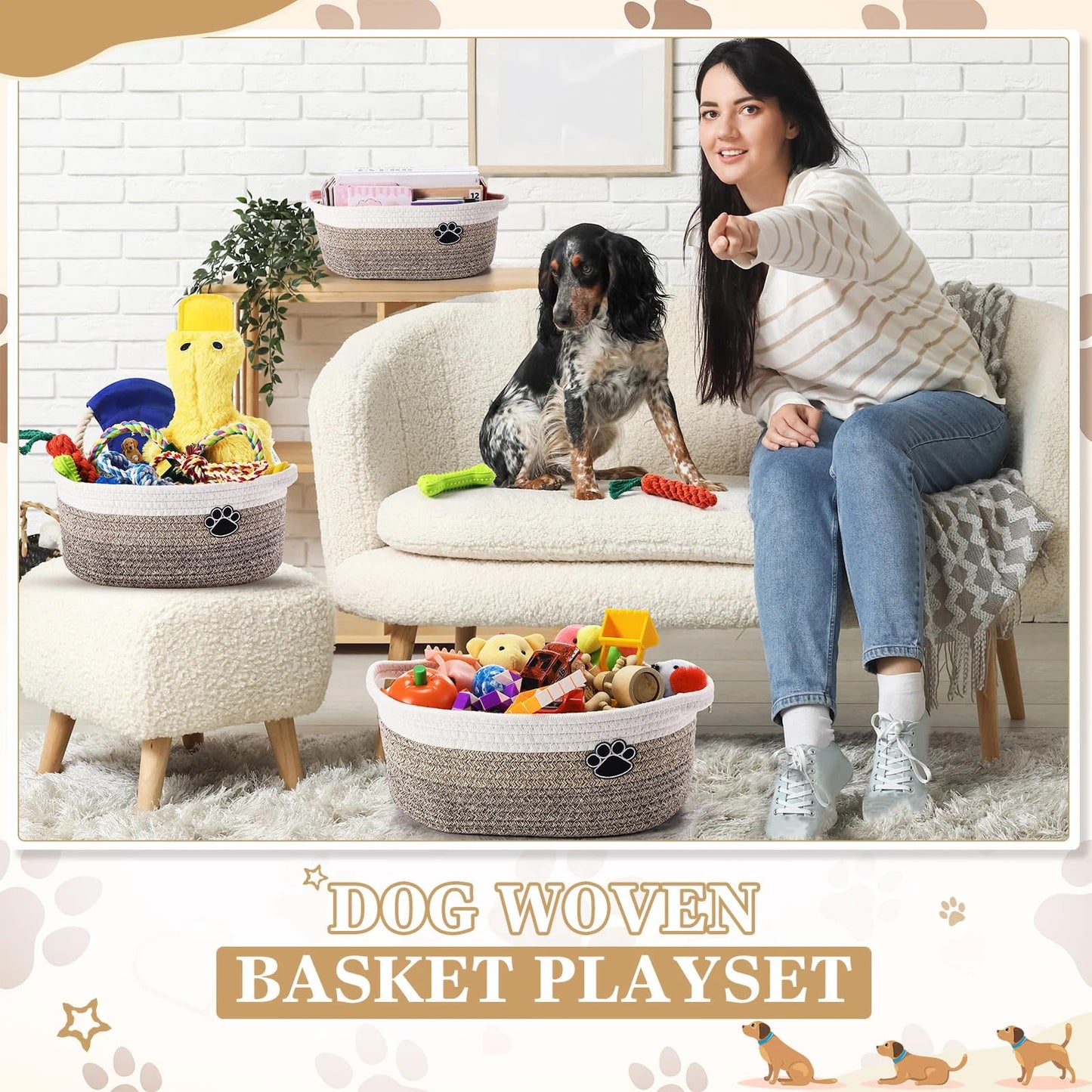 Zopeal Puppy Dog Toy Gift Storage Basket with Dog Toys Set Chew Toys Birthday Gift Basket Teething Interactive Squeaky Duck for Teething Small Medium Large Dogs(Khaki)