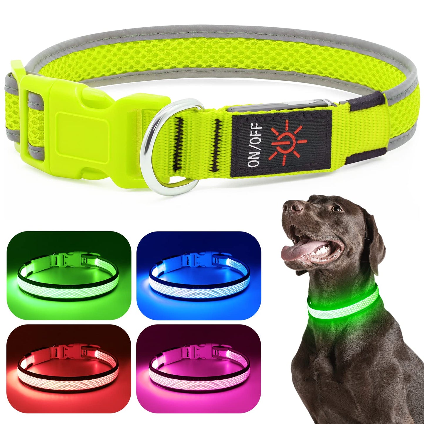 Flashseen LED Dog Collar, USB Rechargeable Light Up Dog Collar Lights, Adjustable Comfortable Soft Mesh Safety Dog Collar for Small, Medium, Large Dogs(Large, Neon Green)