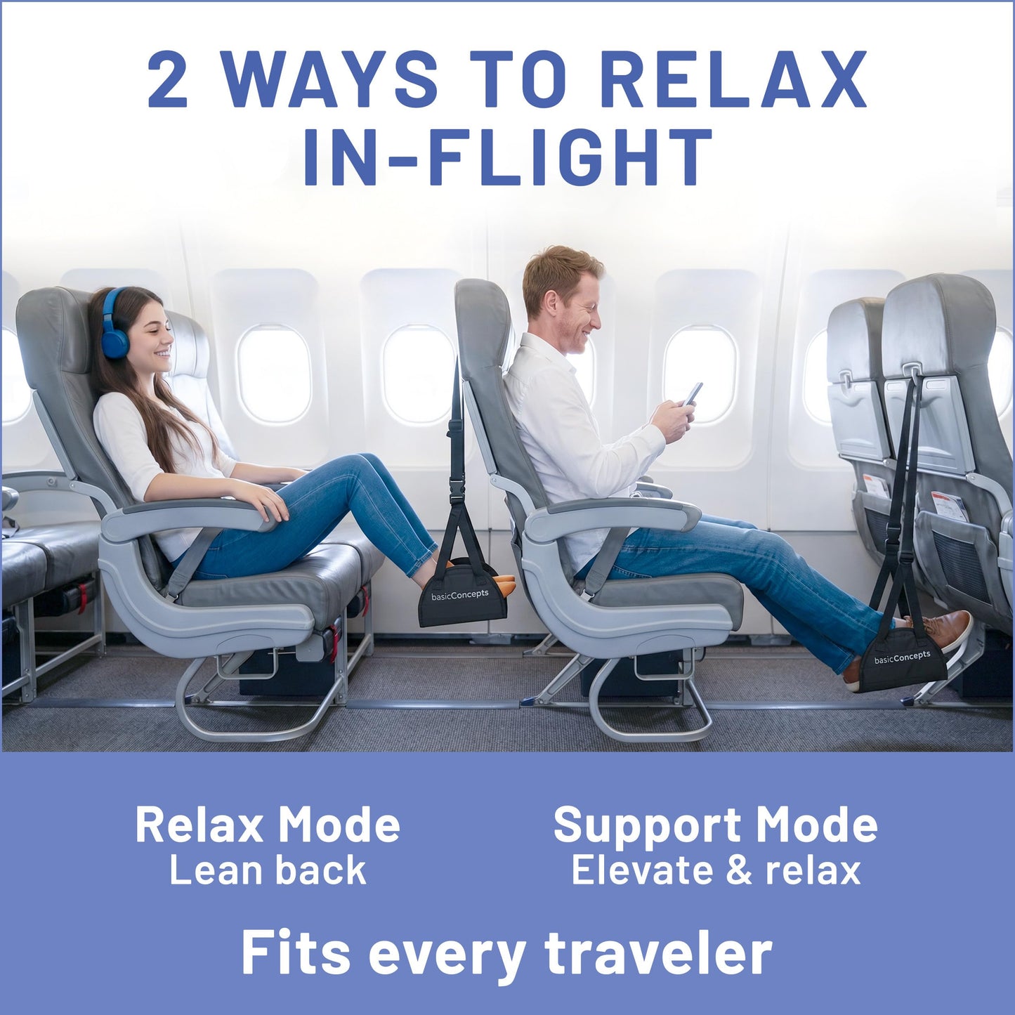 BASIC CONCEPTS Airplane Foot Hammock for Plane Travel Essentials - Airplane Travel Essentials, Long Flight Foot Rest - Plane Gadgets