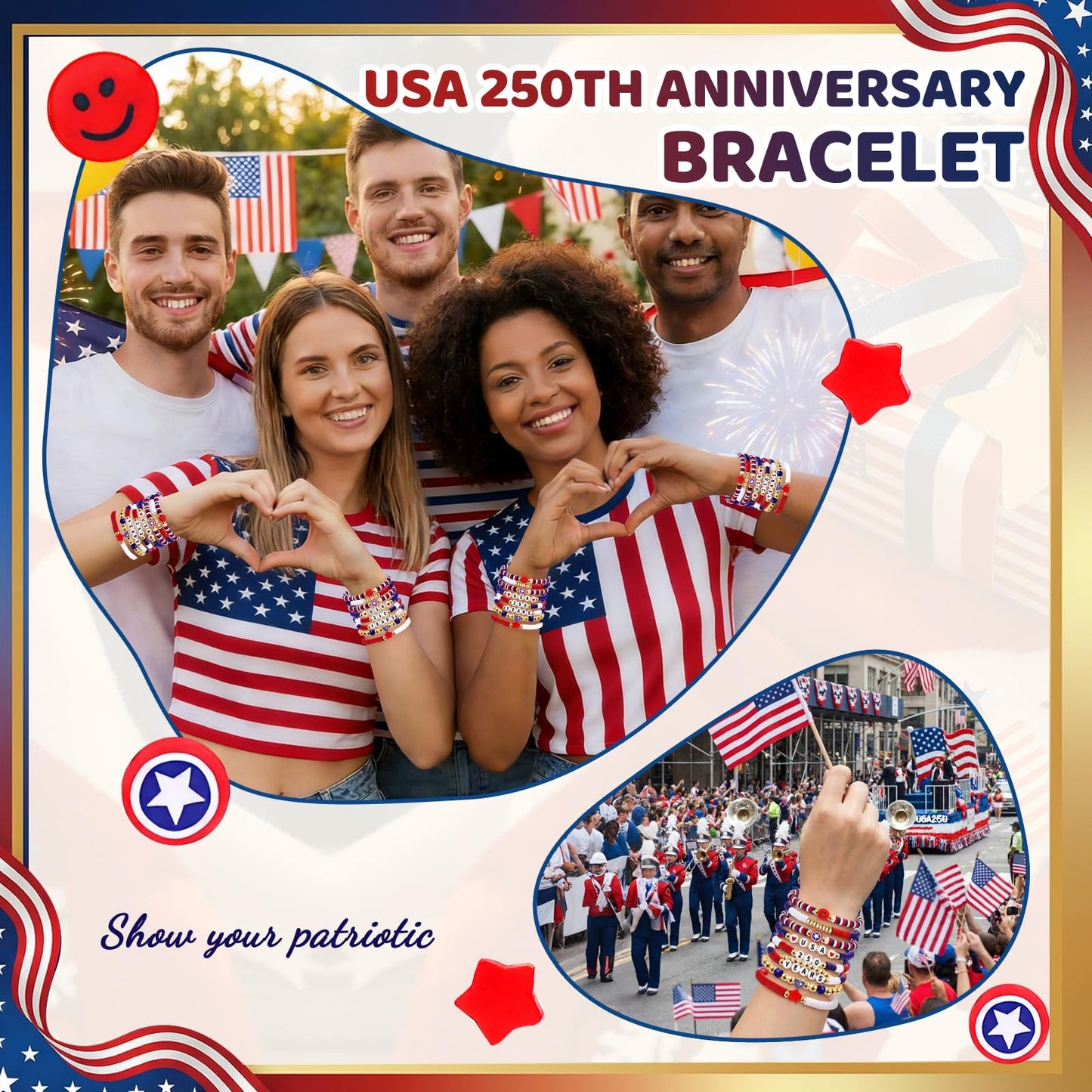 lakayfimily 250 Anniversary USA Merchandise for Women Men Teens Red White Blue Clay Beaded Stretch Bracelets USA Patriotic Jewelry 4th of July Accessories
