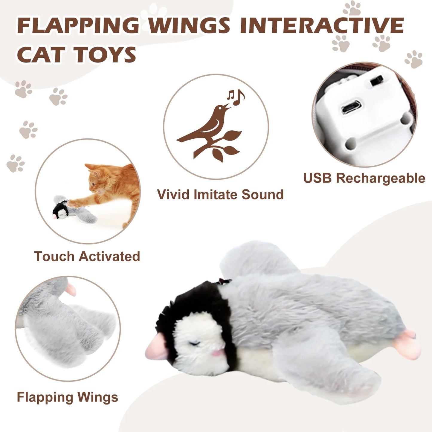 Interactive Rechargeable Cat Toy with Flapping Chirping Bird and Catnip for Indoor Cats