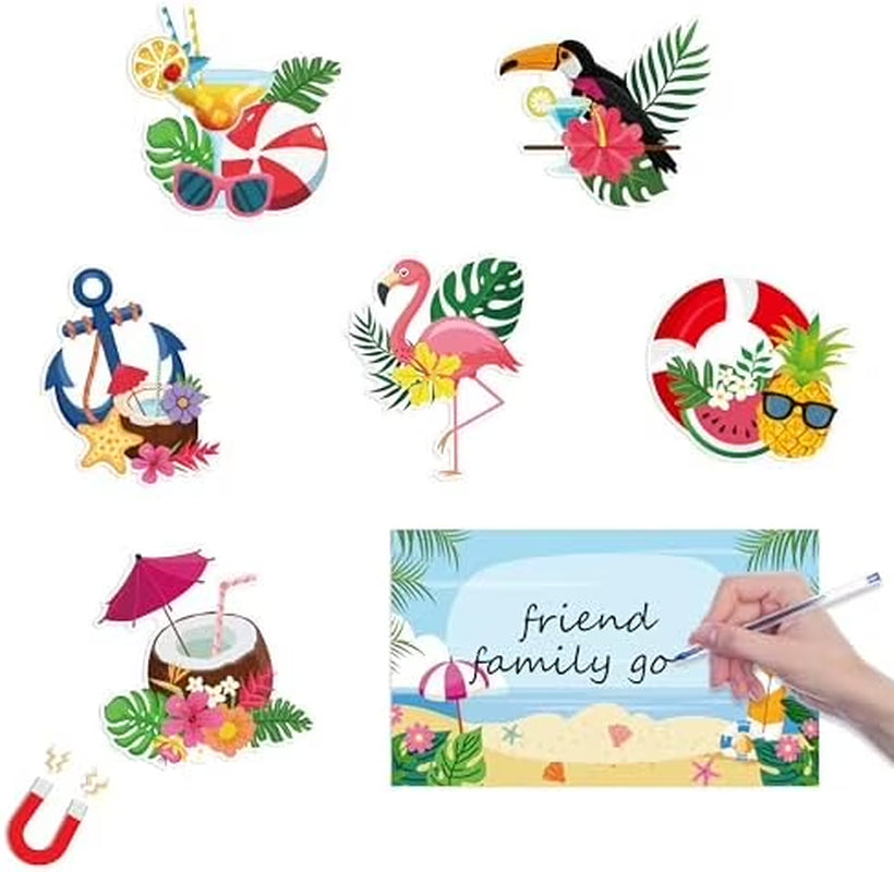 Tropical Hawaii Cruise Magnetic Door Decorations - Set of 7 Summer Beach Fridge Magnets Featuring Flamingo and Coconut Drink Designs for Carnival Party Decor