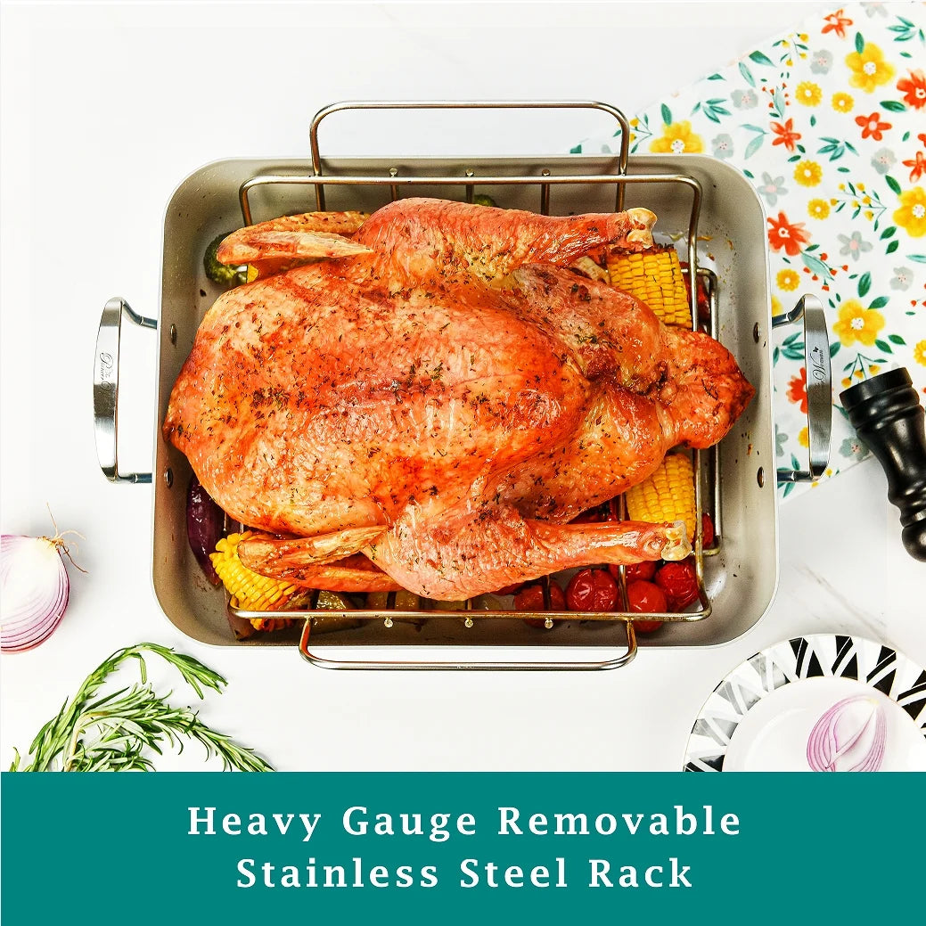 Size 18.8" Aluminum Non Stick Roaster with Stainless Steel Rack, Green