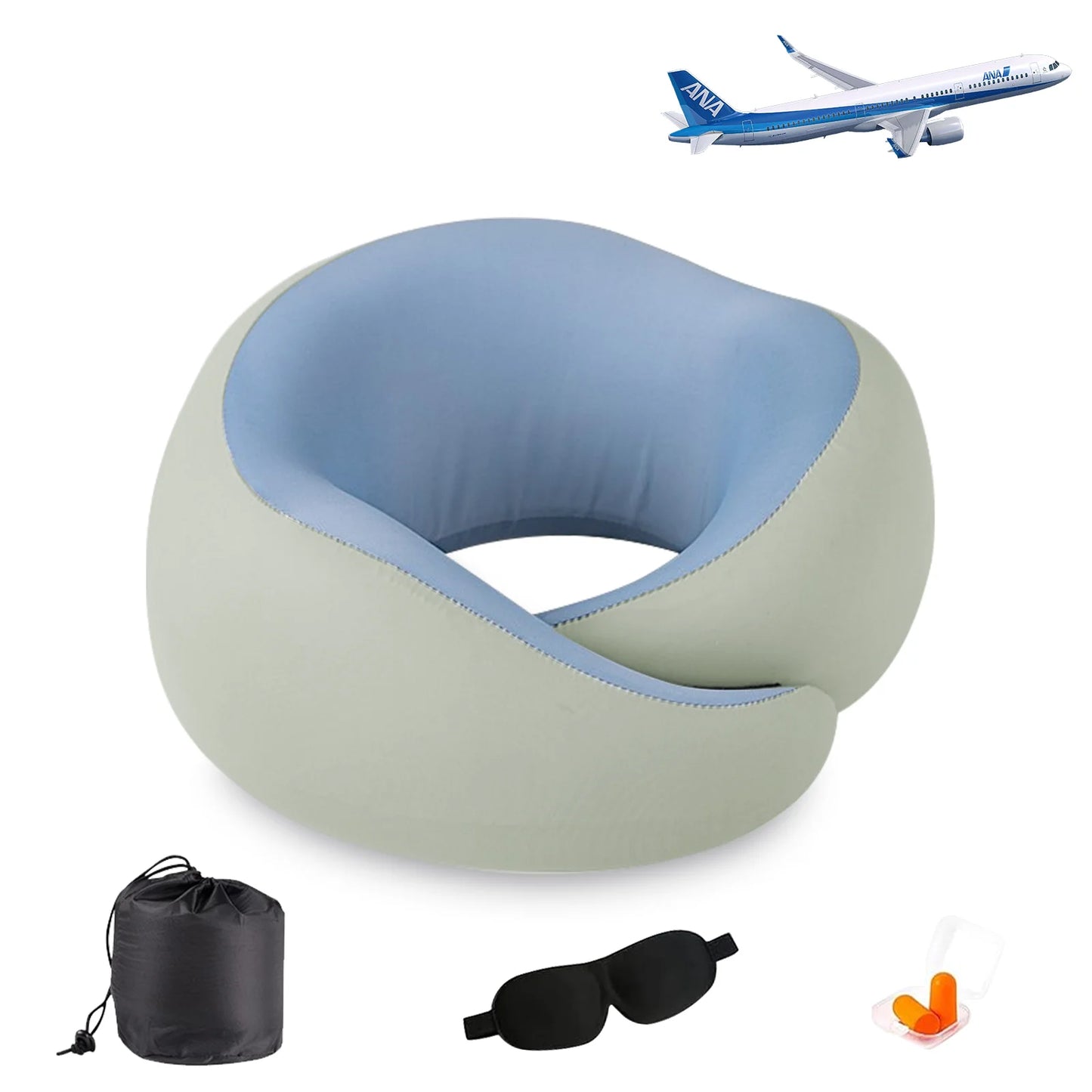 360° Support Memory Foam Travel Pillow with Eye Mask, Earplugs, and Storage Bag for Airplanes, Trains, and Long-Distance Travel