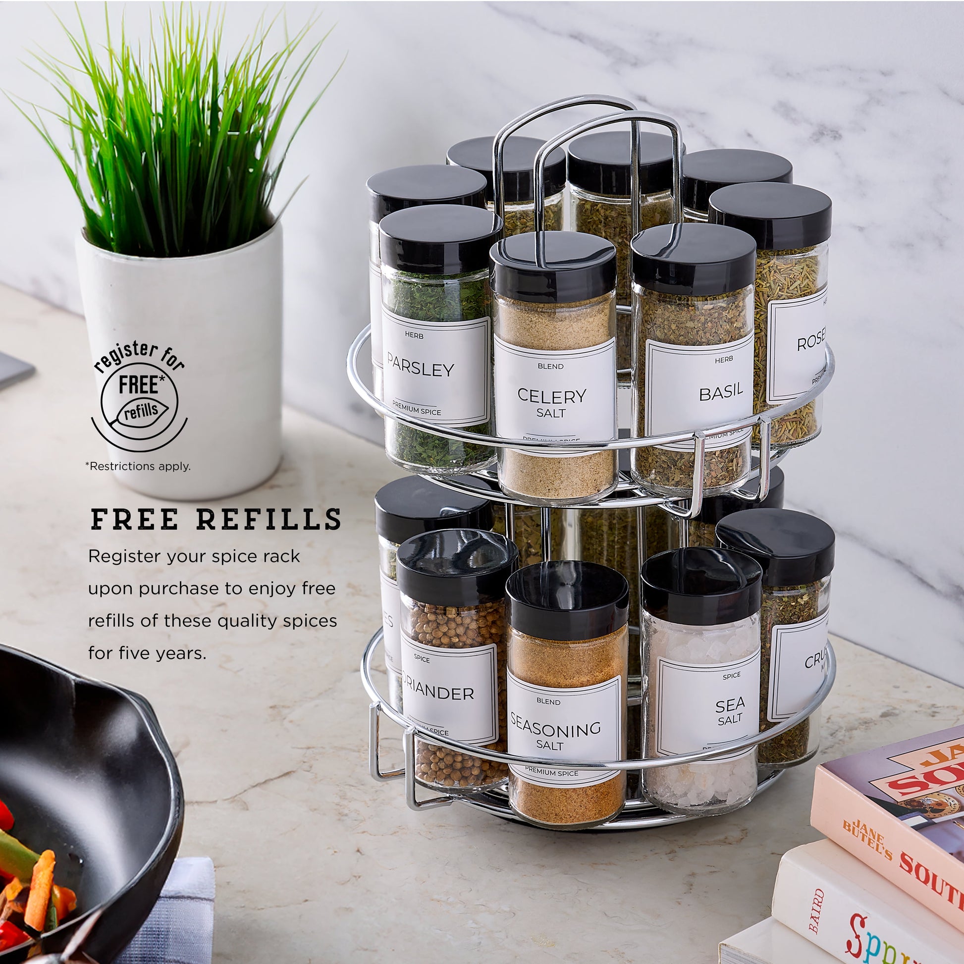 16-Jar Chrome Wire 2-Tier Revolving Filled Countertop Spice Rack & Organizer