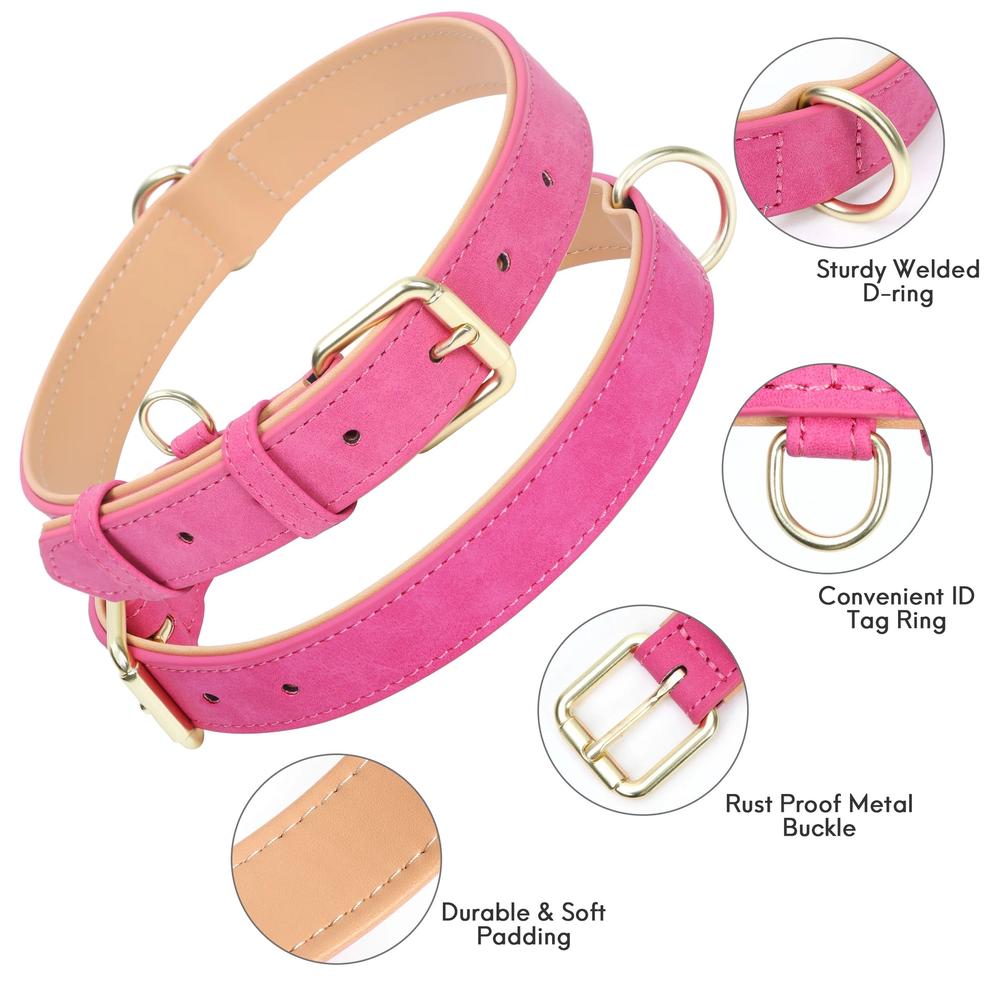 Heavy-Duty Soft Padded Leather Dog Collar for Medium Dogs (Hot Pink, Size M)