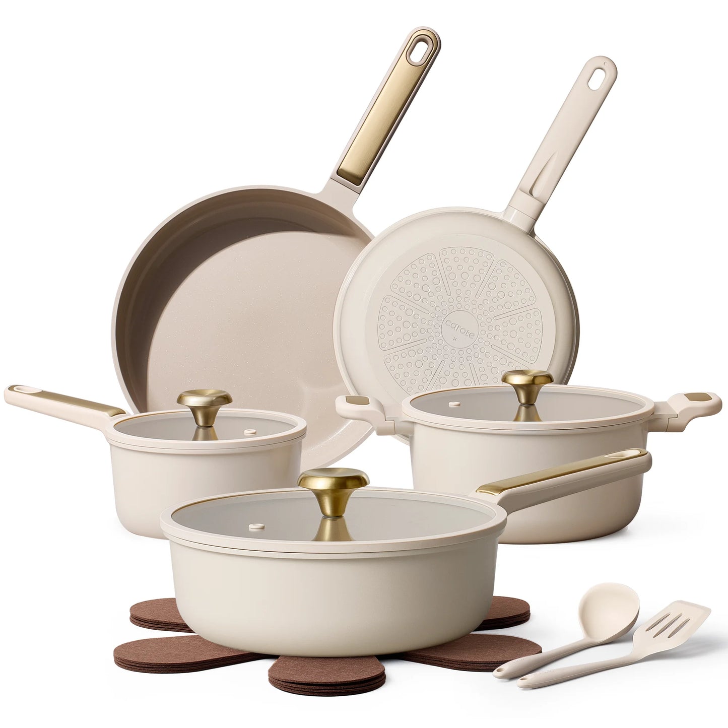 14-Piece Ceramic Nonstick Cookware Set with Utensils, Induction Compatible, Taupe