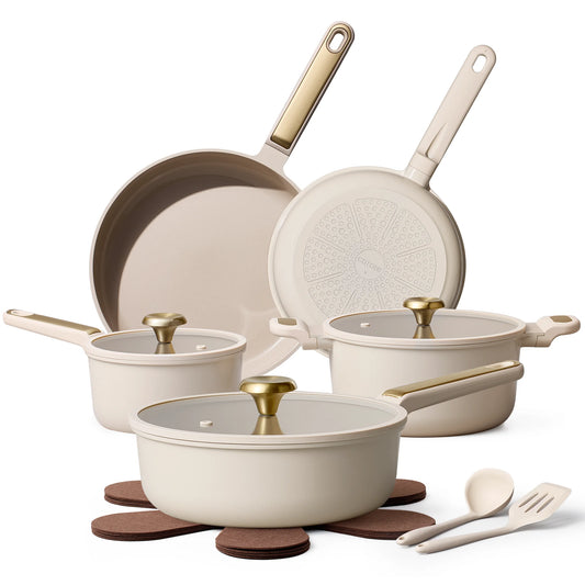 14-Piece Ceramic Nonstick Cookware Set with Utensils, Induction Compatible, Taupe