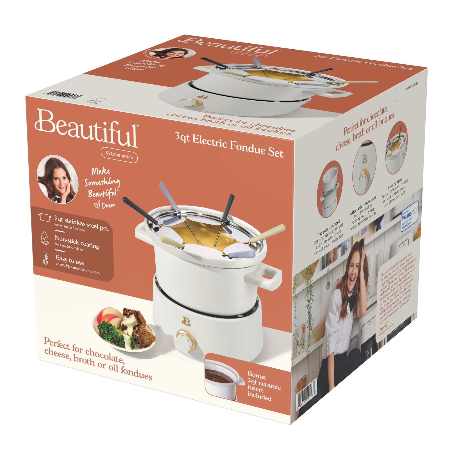3 Qt Electric Fondue Set with Bonus 2 Qt Ceramic Pot, White Icing by Drew Barrymore