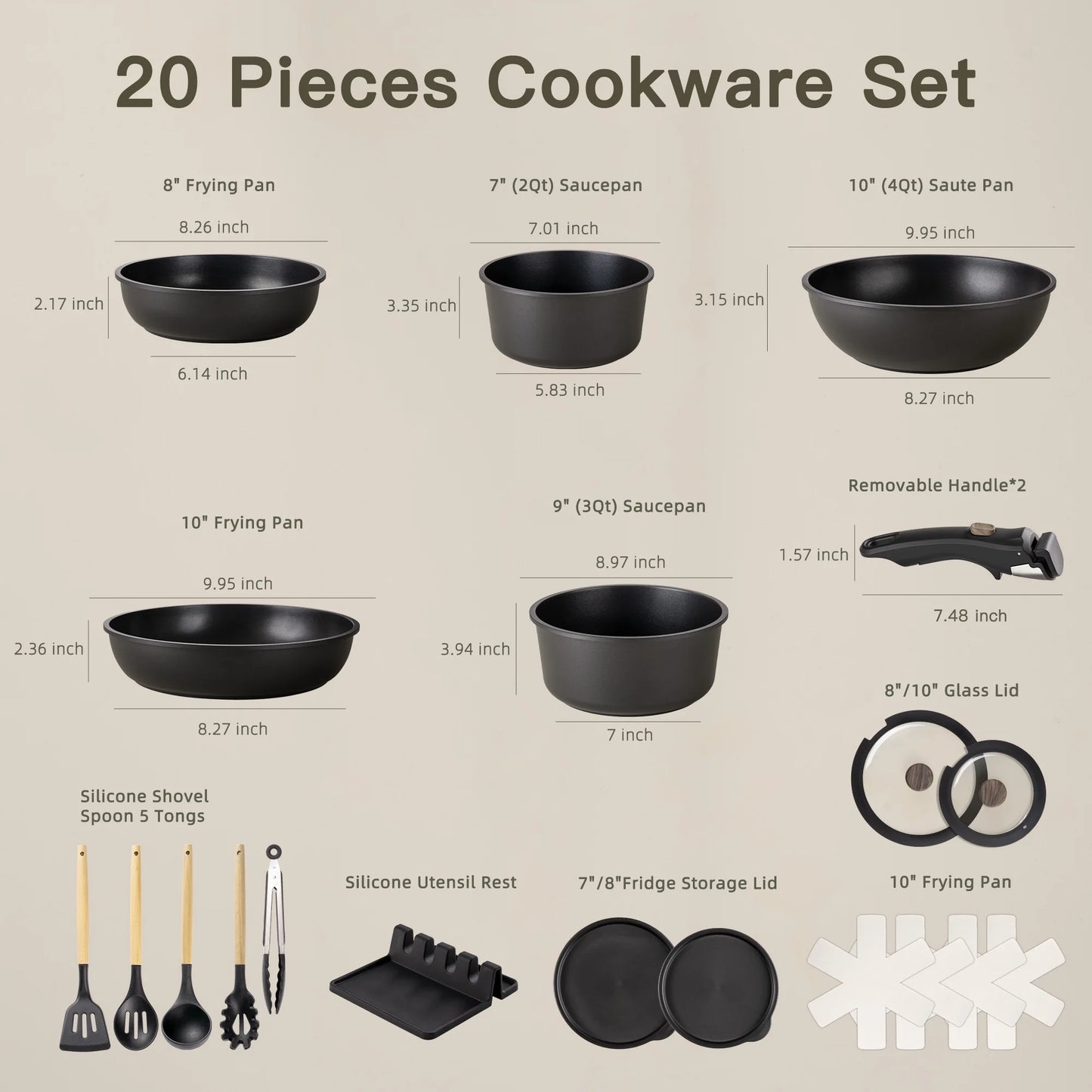 20-Piece Nonstick Cookware Set with Detachable Handles, Oven and Dishwasher Safe, Induction Compatible, Stackable Design for RV Kitchens, Black
