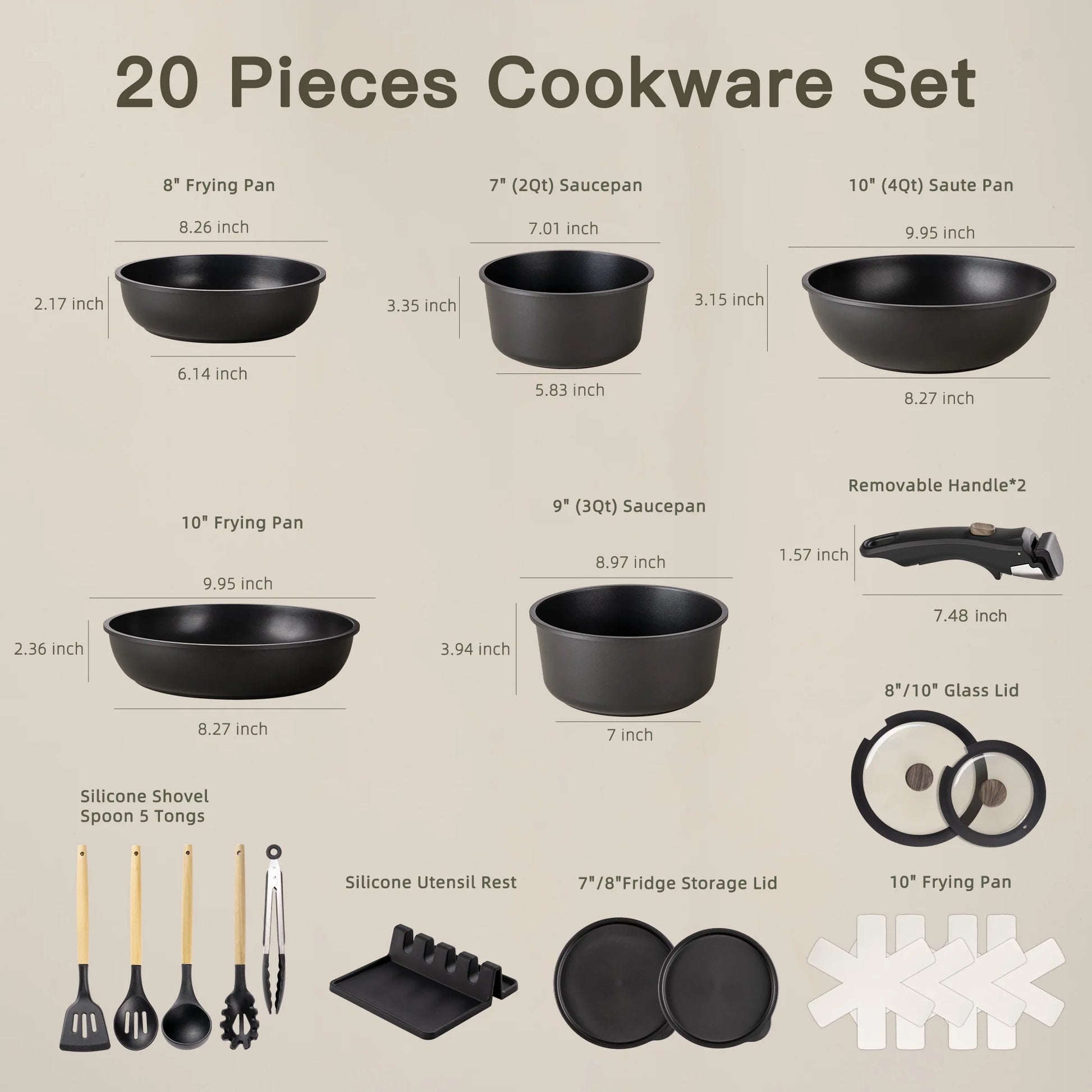 20-Piece Nonstick Cookware Set with Detachable Handles, Oven and Dishwasher Safe, Induction Compatible, Stackable Design for RV Kitchens, Black