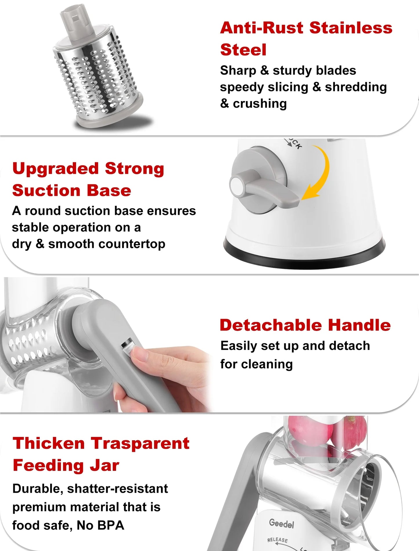 Rotary Cheese Grater, Kitchen Grater Vegetable Slicer with 5 Interchangeable Blades, Powerful Suction, Dishwasher Safe, Easy to Clean Grater for Vegetable, Fruit, Nuts, Gray