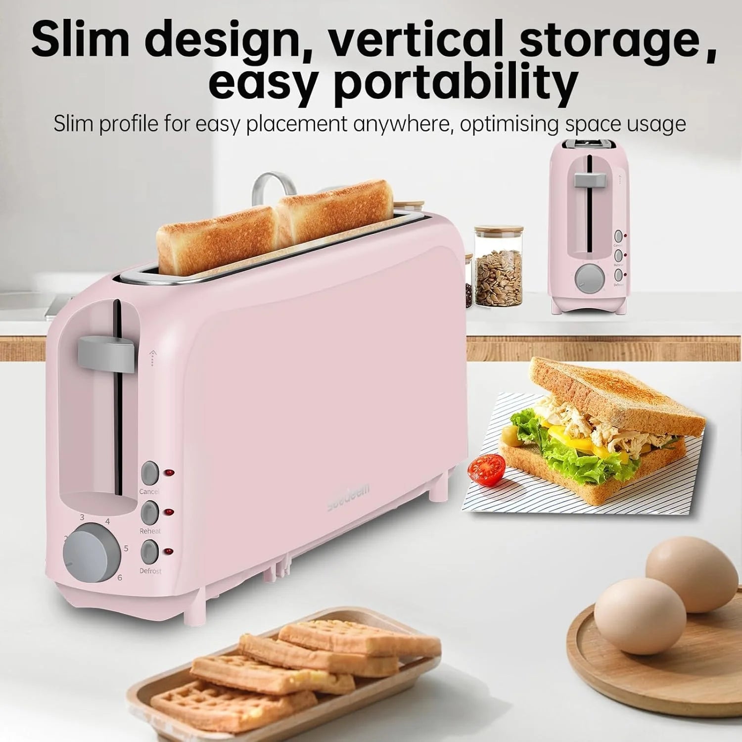 2-Slice Slim Toaster with 6 Shade Settings, Cancel, Reheat, Defrost Functions, 10" Long Slot, Auto Shut Off, and Removable Crumb Tray in Black