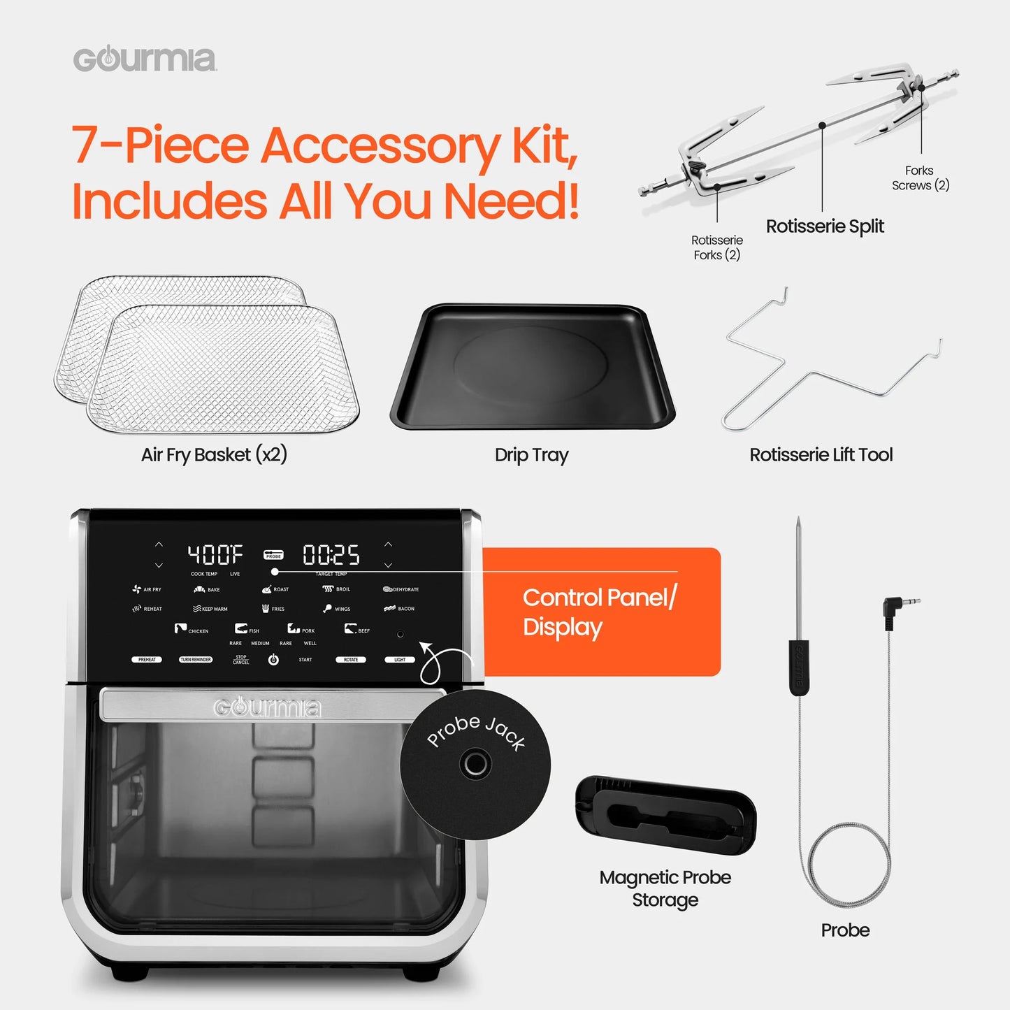 14-Quart Multi-Function Air Fryer Oven with Rotisserie, Dehydrator, and Temperature Probe in Stainless Steel