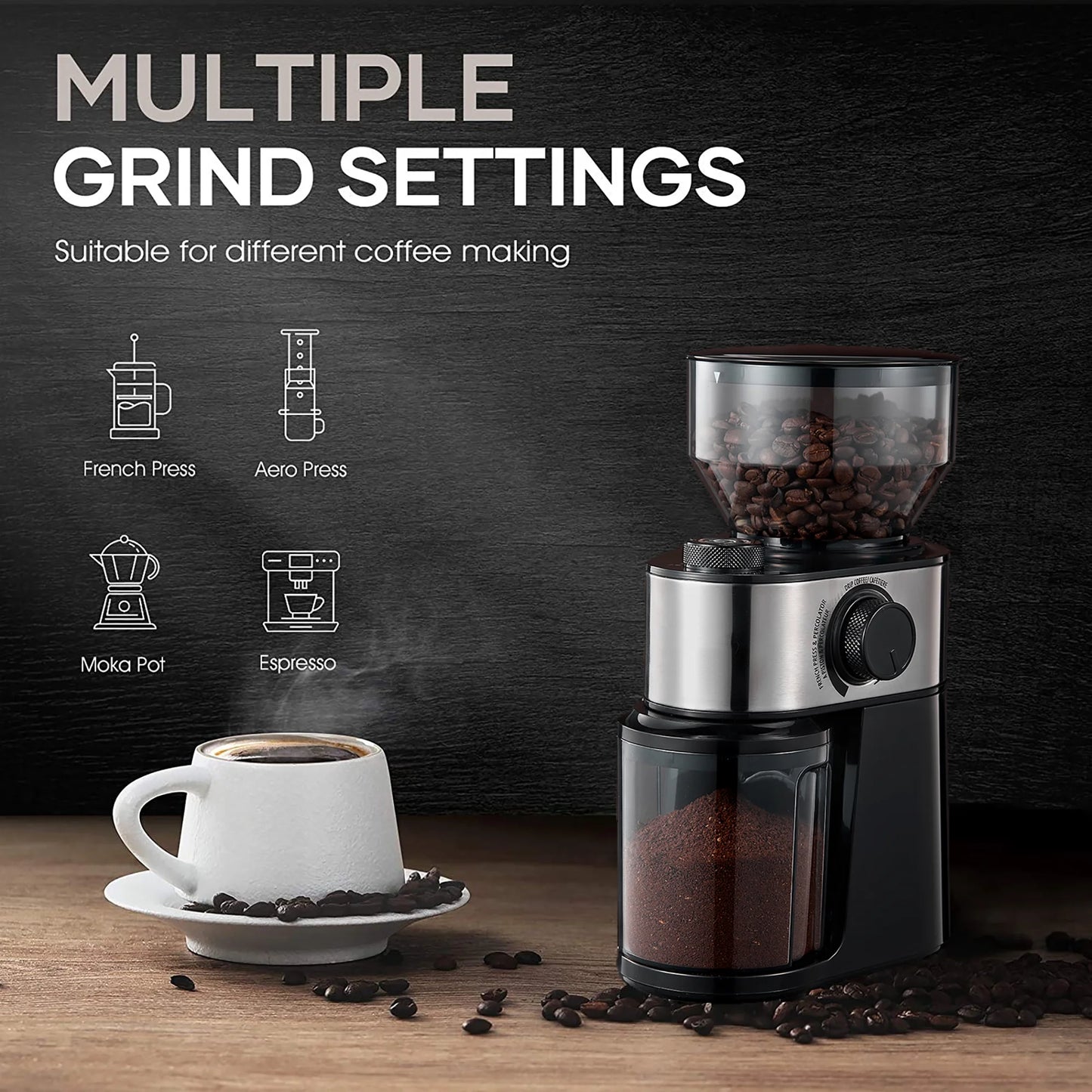 Electric Burr Mill Coffee Grinder with 18 Precise Grind Settings for Espresso, Drip and French Press - Adjustable Burr Grinder in Black