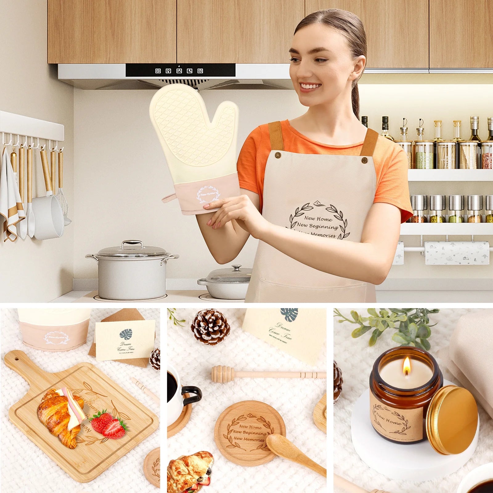 11 Pcs Housewarming Gifts Basket with Apron, Gloves, Serving Board, Beige