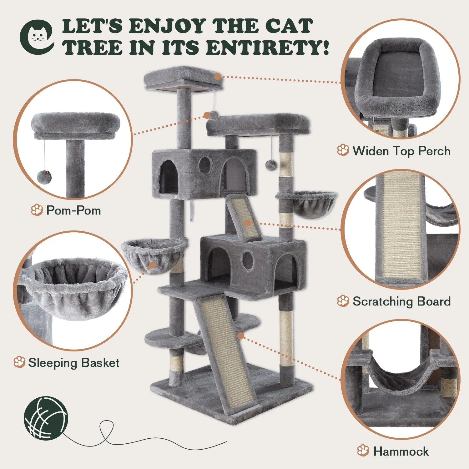 65.7" Large Cat Tree and Tower Condo for Indoor Cats with Dual Scratching Boards, Hammock, and Post in Gray