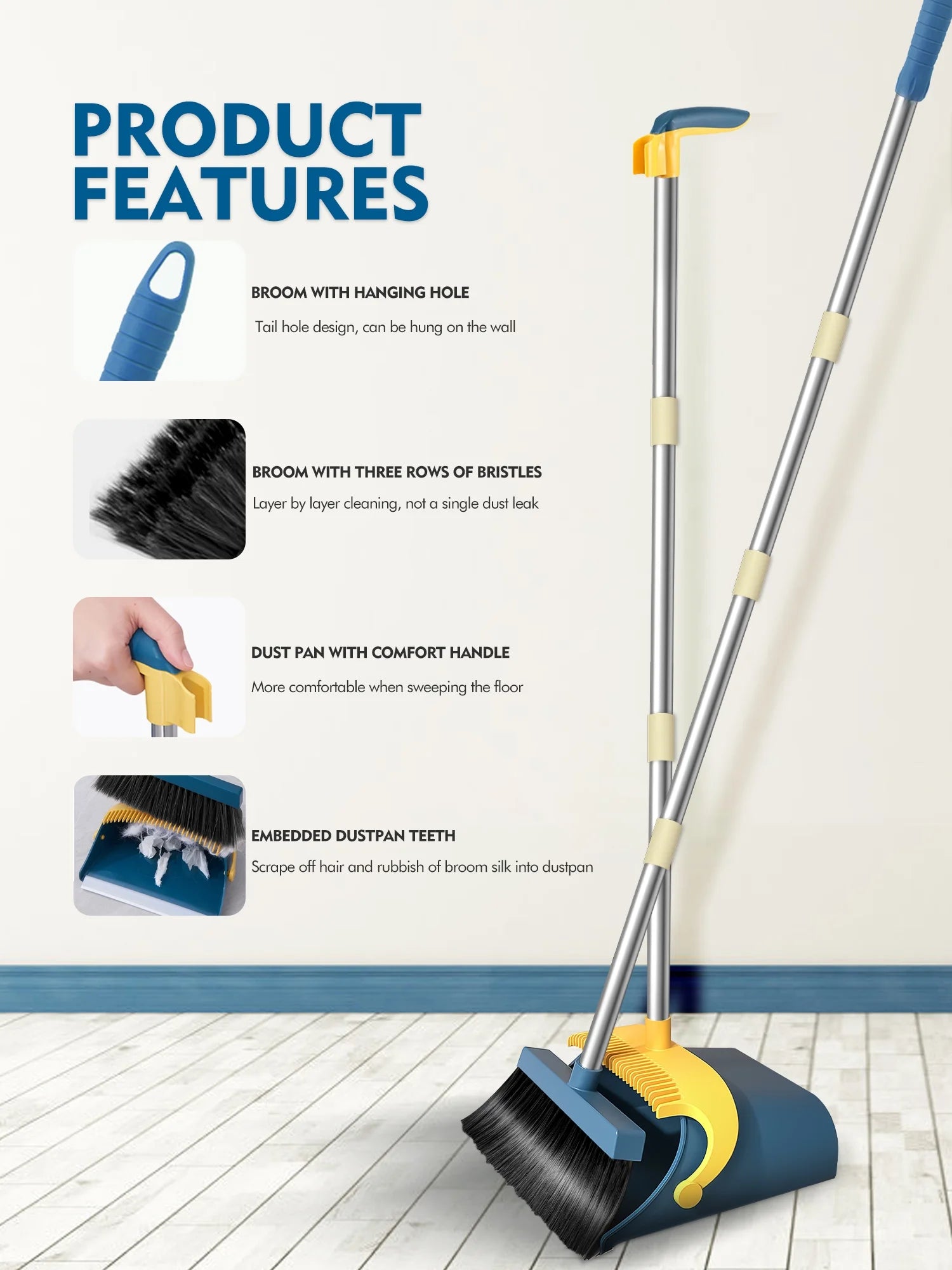 Upgrade Broom and Dustpan Set for Home,Self-Cleaning with Dustpan Teeth,51.2In,Stand Up,Blue