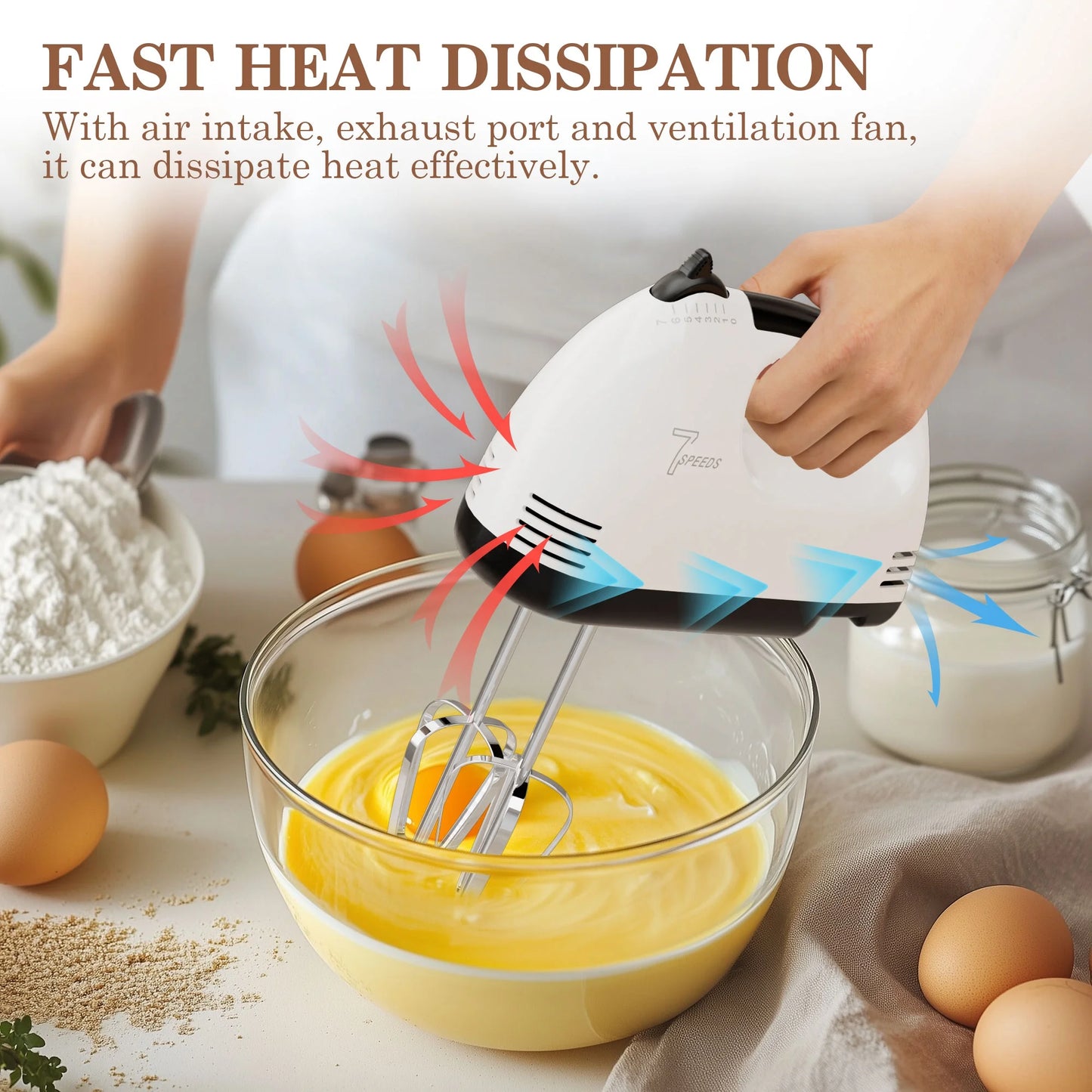 7-Speed Electric Hand Mixer with Stainless Steel Beaters and Dough Hooks, Turbo Boost Function for Baking Cakes, Eggs, and Cream