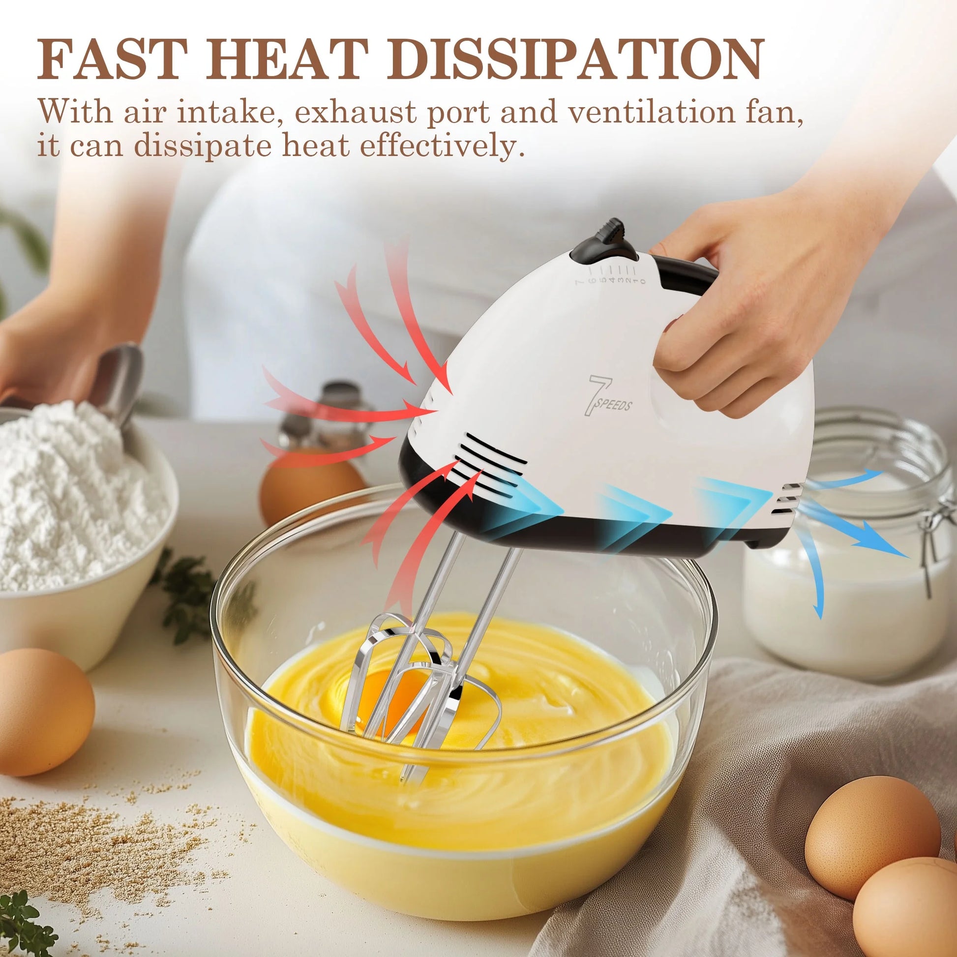 7-Speed Electric Hand Mixer with Stainless Steel Beaters and Dough Hooks, Turbo Boost Function for Baking Cakes, Eggs, and Cream